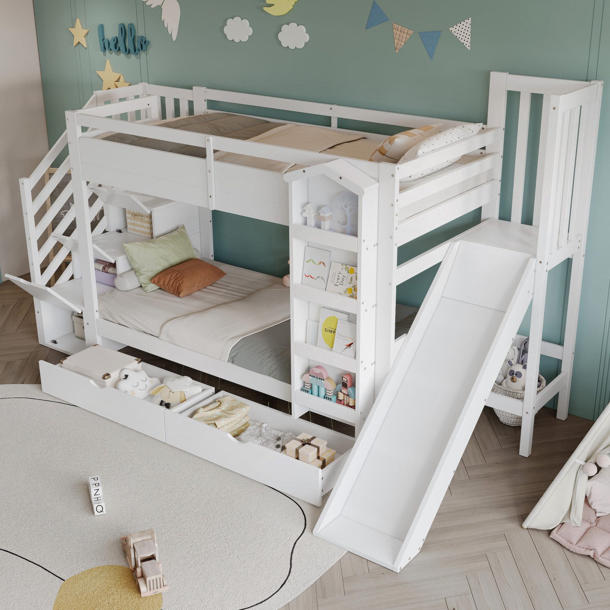 Merax Etagenbett 90x200cm (Kiefernholz Jugendbett Stockbett Doppelbett Hausbett, 1-St), Kinderbett mit Bilderbuchregal, Rutsche, Stauraumtreppe & 2 Schubladen