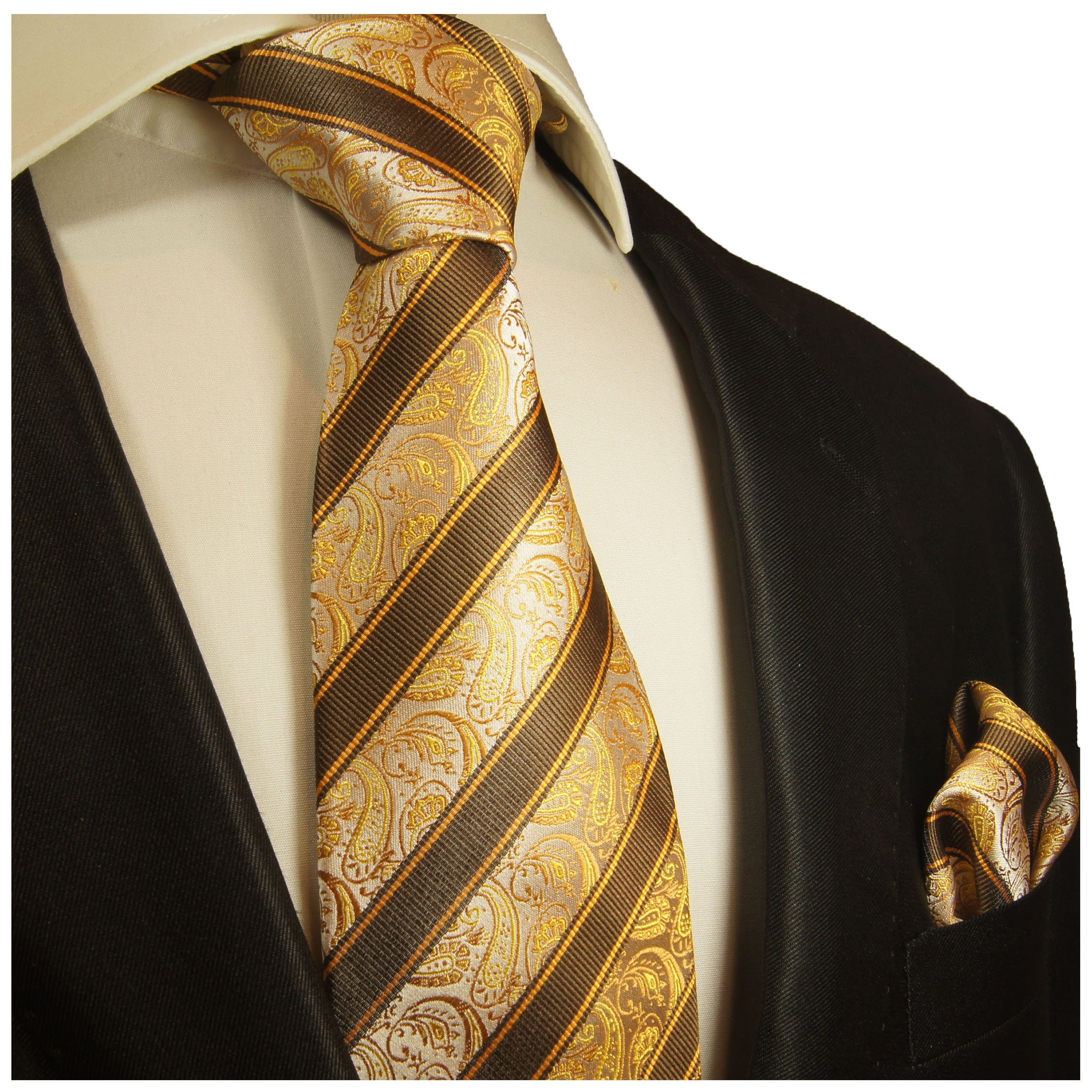 Paul Malone Krawatte Herren Einstecktuch) (Set, 2-St., (6cm), Seide 2011 Tuch braun Seidenkrawatte paisley Schmal Schlips 100% mit mit gelb gestreift Krawatte