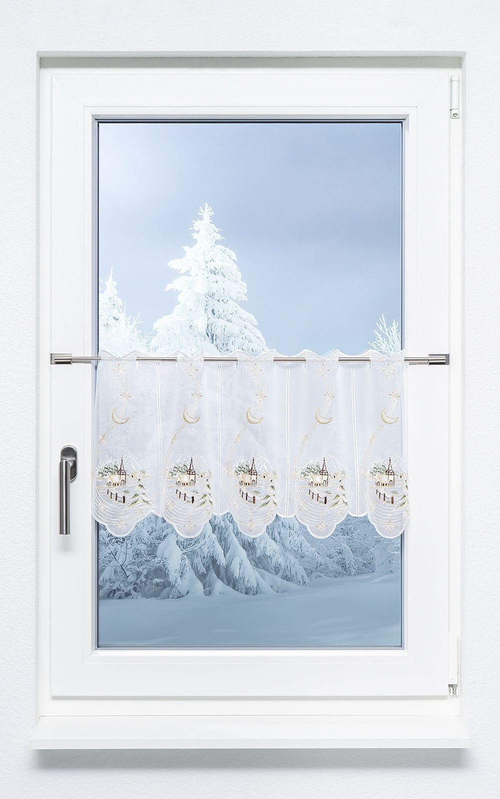 Plauener Spitze® Scheibengardine Dorfkirche im Winter (1 St), transparent, günstig online kaufen