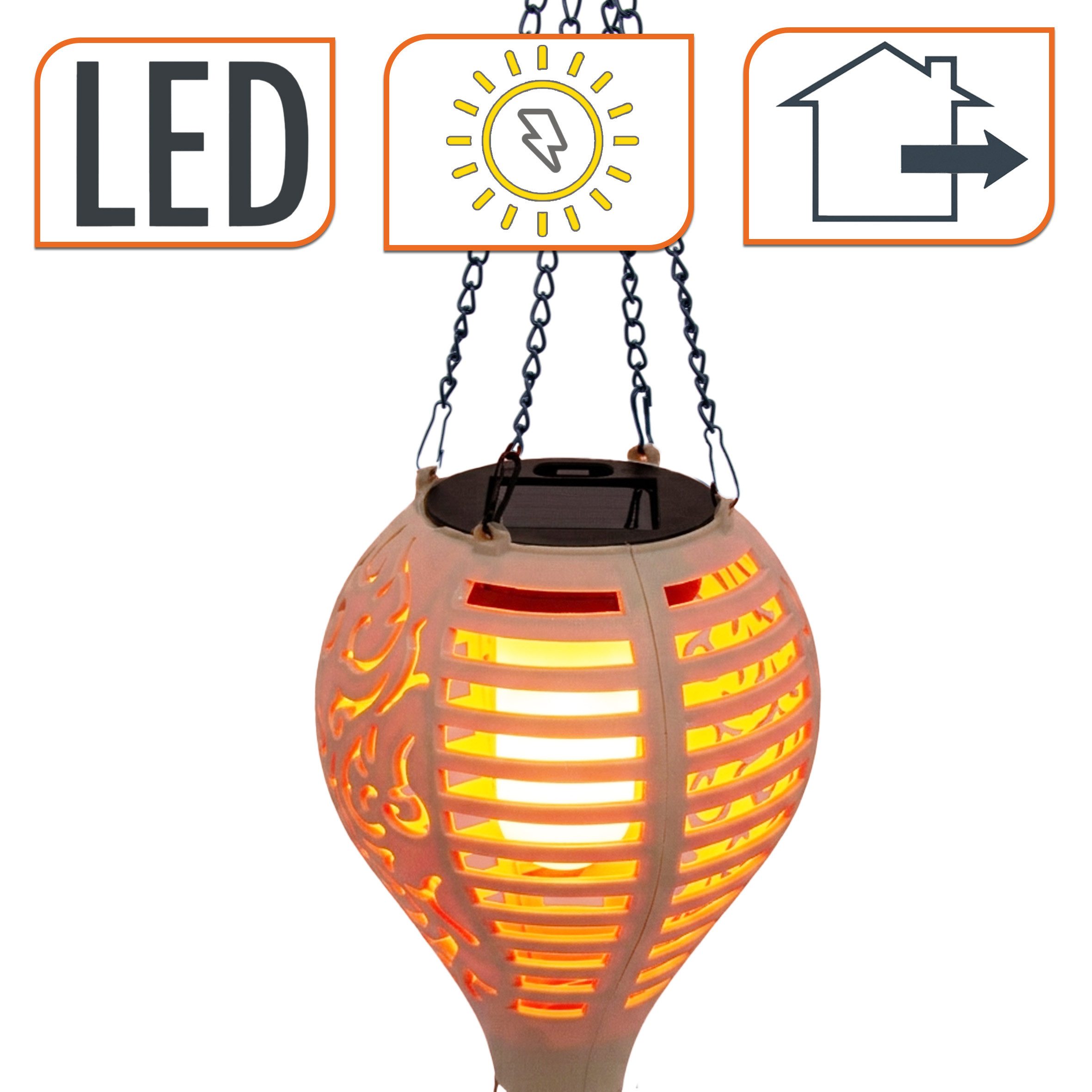 Spetebo LED Dekolicht Solar Heißluftballon beige zum Hängen mit Flammen Effek, Dämmerungssensor, LED fest integriert, orange (feuerfarben), LED Garten Lichtspiel mit Flackereffekt