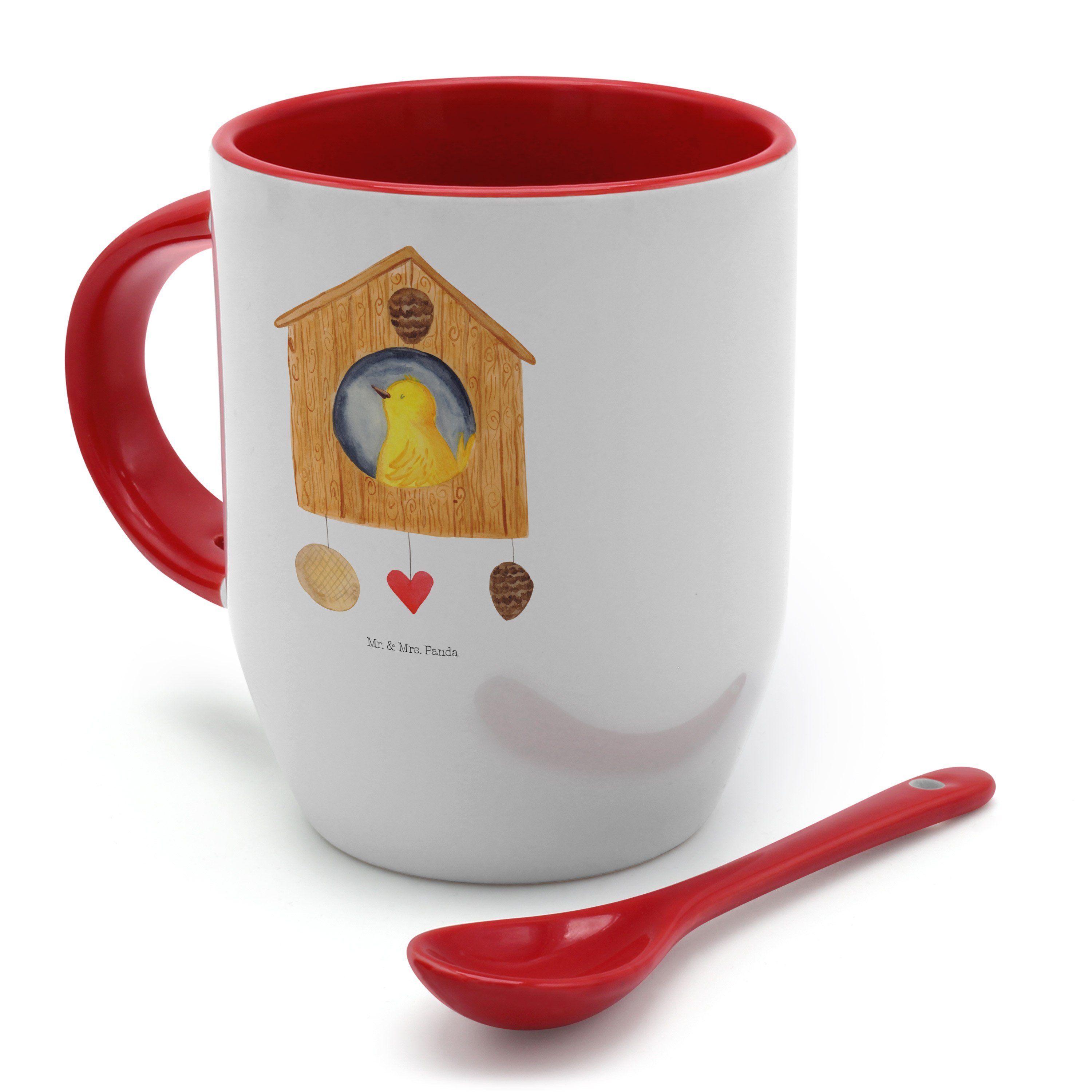 Vogelhaus mit Kaffeebecher, - Tasse Mrs. Panda Tasse & Tasse, K, Geschenk, Keramik - Mr. Spruch, Weiß