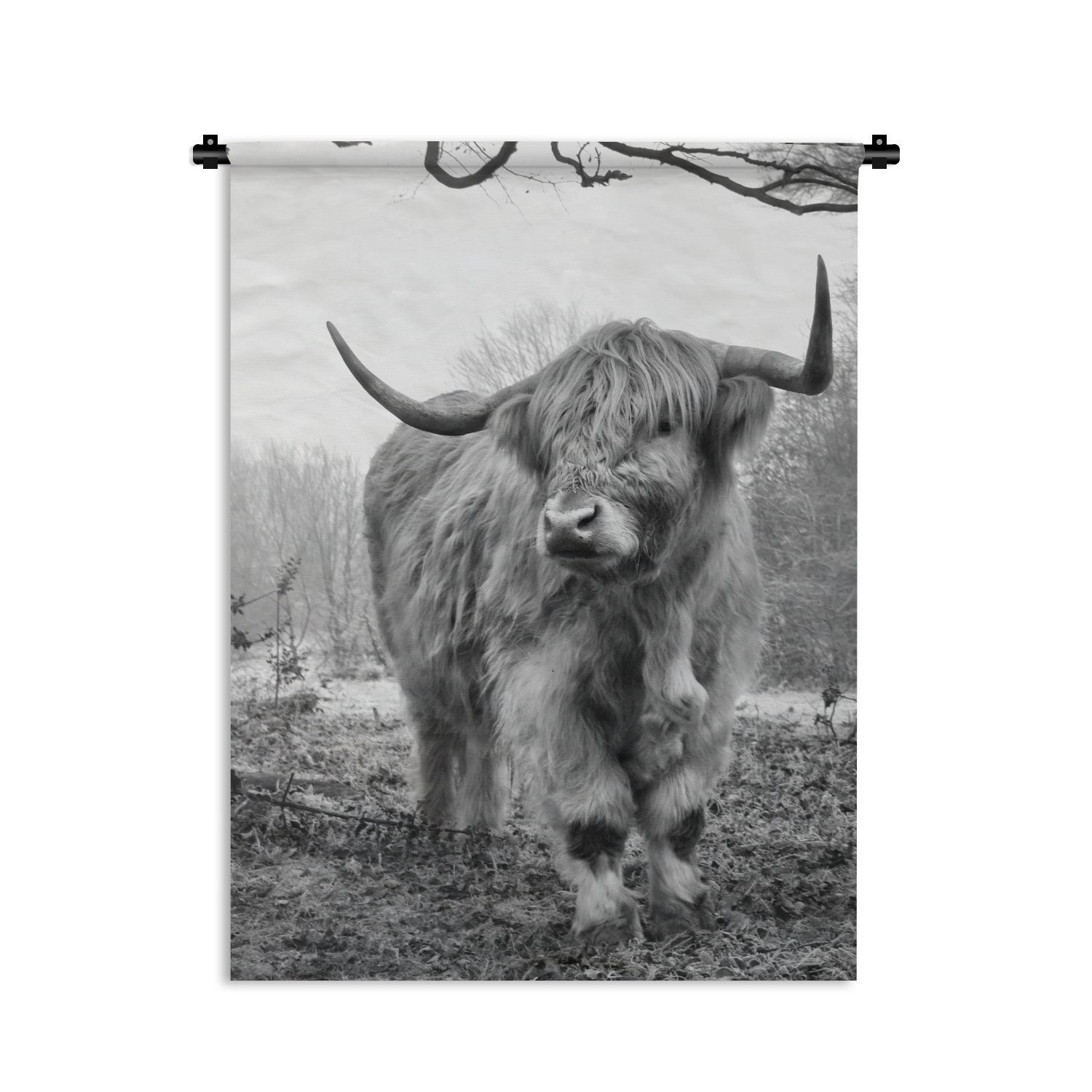 Wanddekoobjekt Tiere Schottischer Wald - Kuh Deko MuchoWow Tapisserie, - an Wand, Schlafzimmer Highlander - für Nebel der Wohnzimmer, - Natur, -