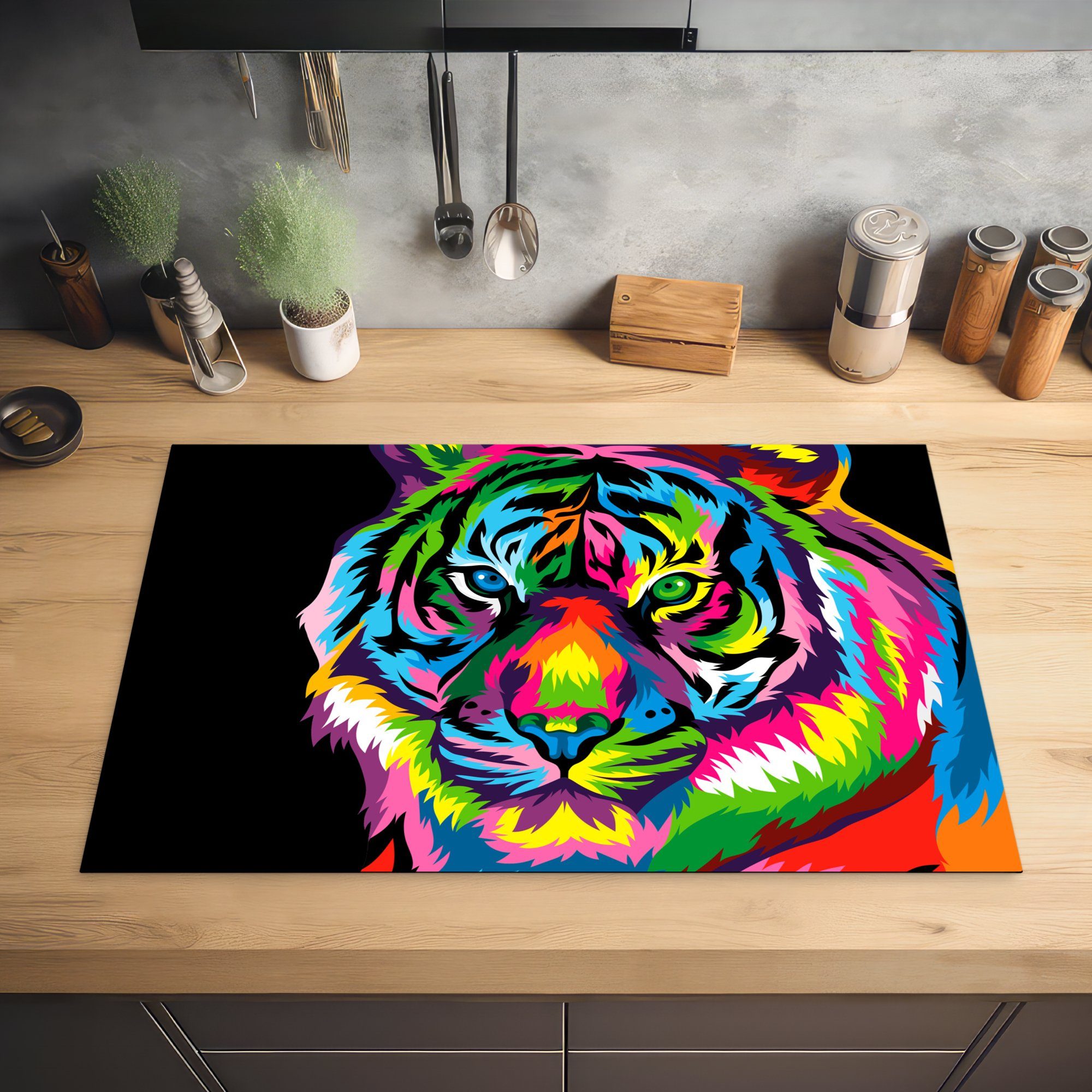 - Vinyl, - die MuchoWow 81x52 Herdblende-/Abdeckplatte Kopf cm, für Induktionskochfeld Ceranfeldabdeckung Tiger tlg), küche, Regenbogen, (1 Schutz