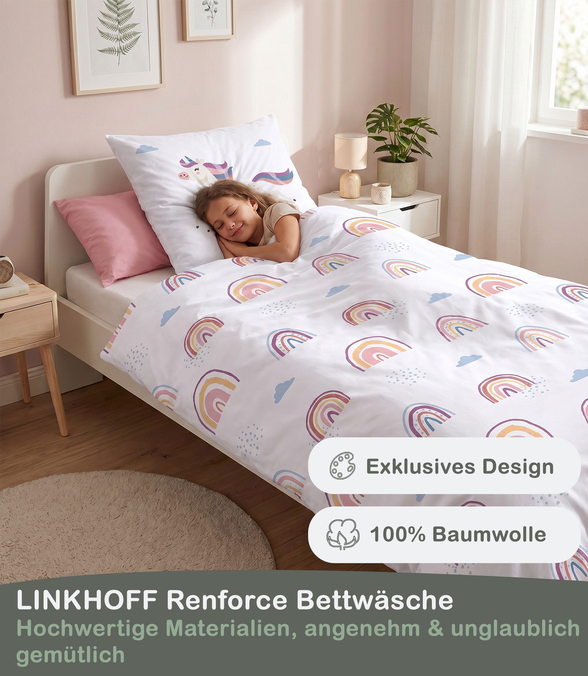 LINKHOFF Kinderbettwäsche Einhorn Bettwäsche 135x200 – 100% Baumwolle Mädchenbettwäsche, Unicorn Kinderbettwäsche 135x200 Regenbogen – Reißverschluss – Bild 3 von 5