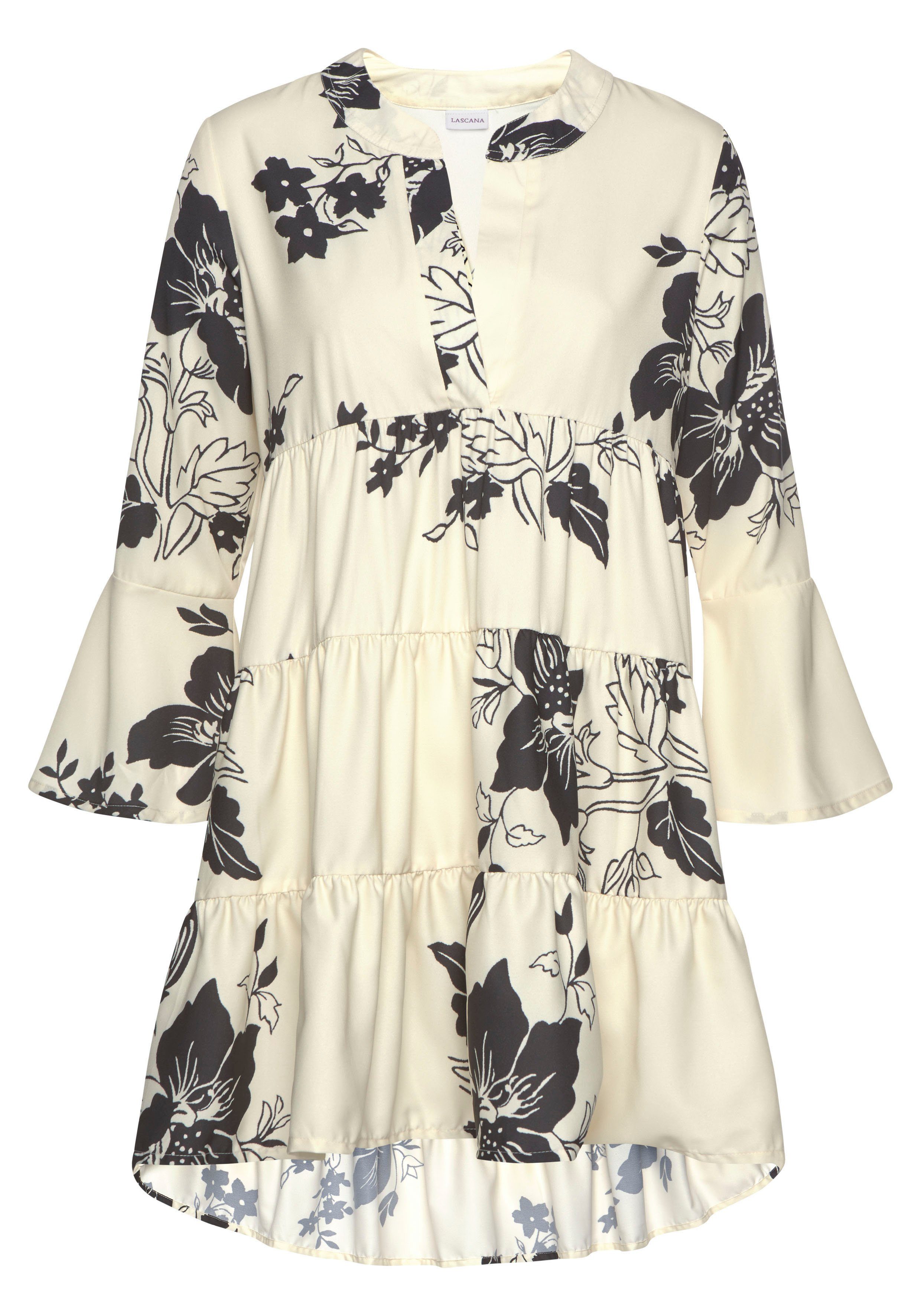 LASCANA Blusenkleid in weiter Form mit Volants und Blumenprint Tunikakleid in A-Form, lockeres Strandkleid, elegante Longbluse – Bild 2 von 5