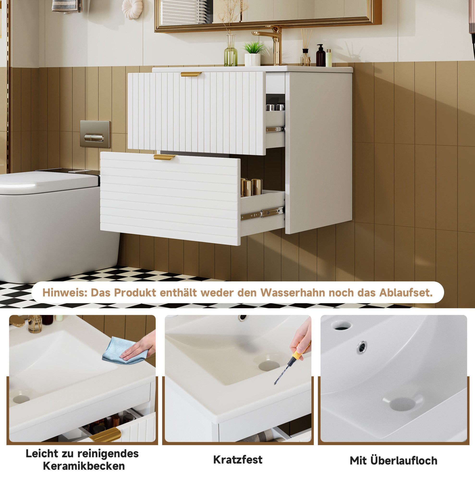 MODFU Waschbeckenunterschrank Bad Waschtisch wandmontiert 61x46x57 cm, Badezimmerschrank (Badschrank aus MDF mit 2 leisen Schubladen, vertikaler und horizontaler Struktur sowie Becken)