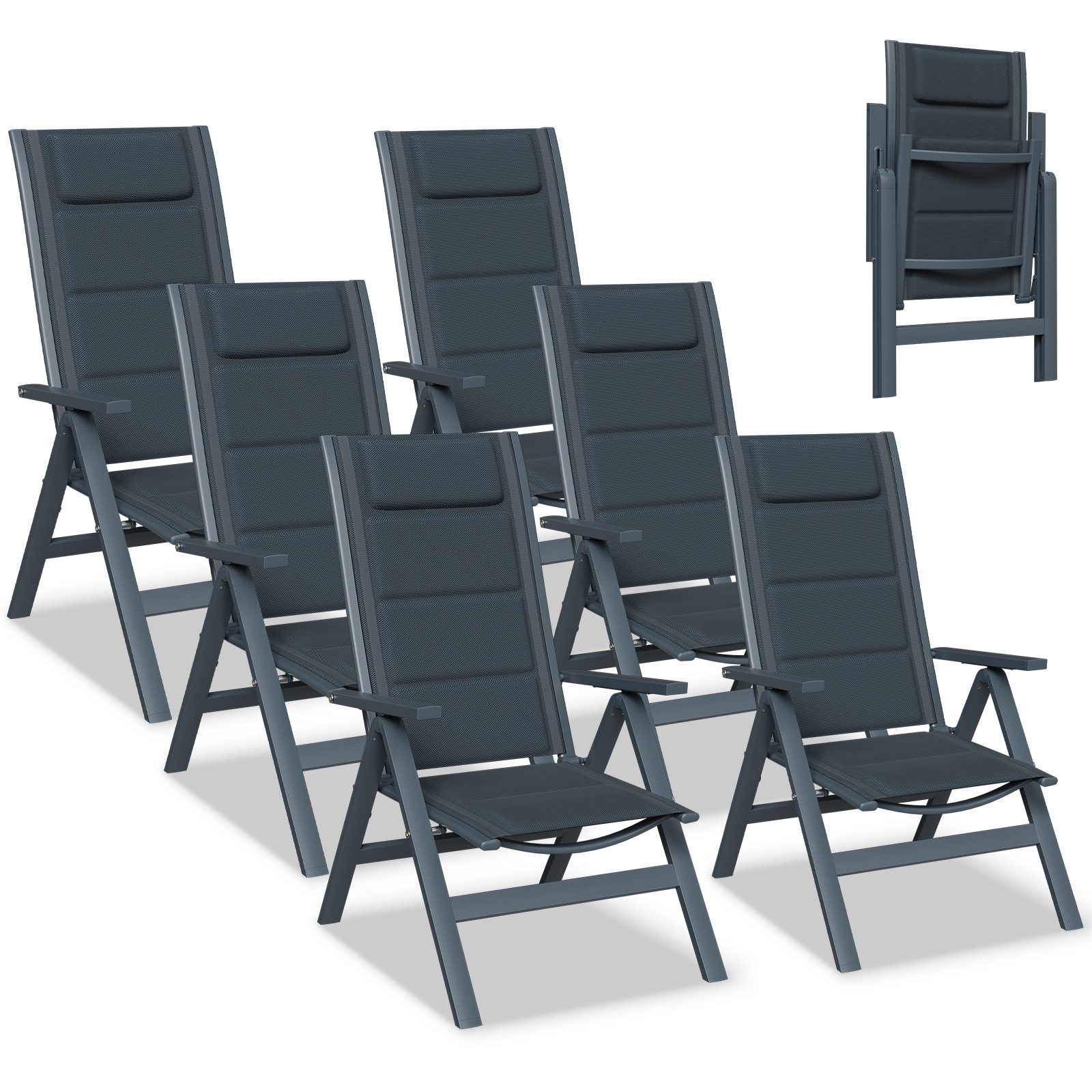 Furnicopia Gartenstuhl Gartenstühle Faltbarer Liegesessel Hochlehner Alu 7-fach verstellbar (Set, 6 St), Bis 120 kg, Stabile Gartenstühle mit Rückenlehne & Armlehnen