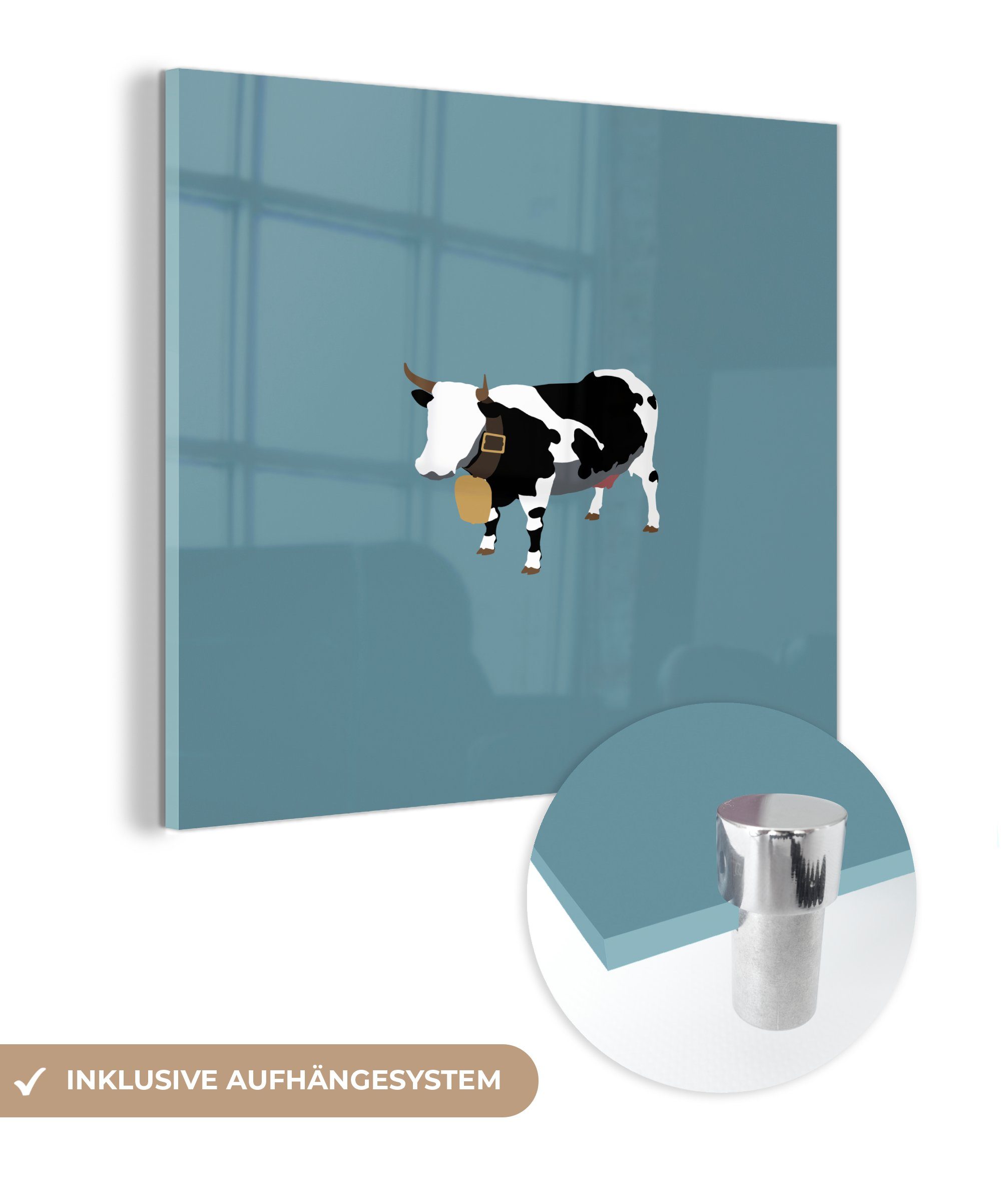 Glasbilder Bilder Wandbild - einer (1 Glas St), Foto auf Einfache - MuchoWow - Glas Wanddekoration Acrylglasbild Kuh, Illustration auf