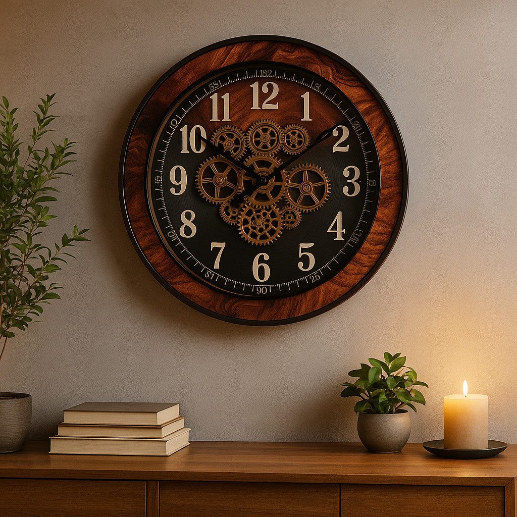 formano Wanduhr XXL Uhr antik Zahnräder 58x58cm Metall, goldene drehende Zahnräder (Sichtbar bewegliche Zahnräder)