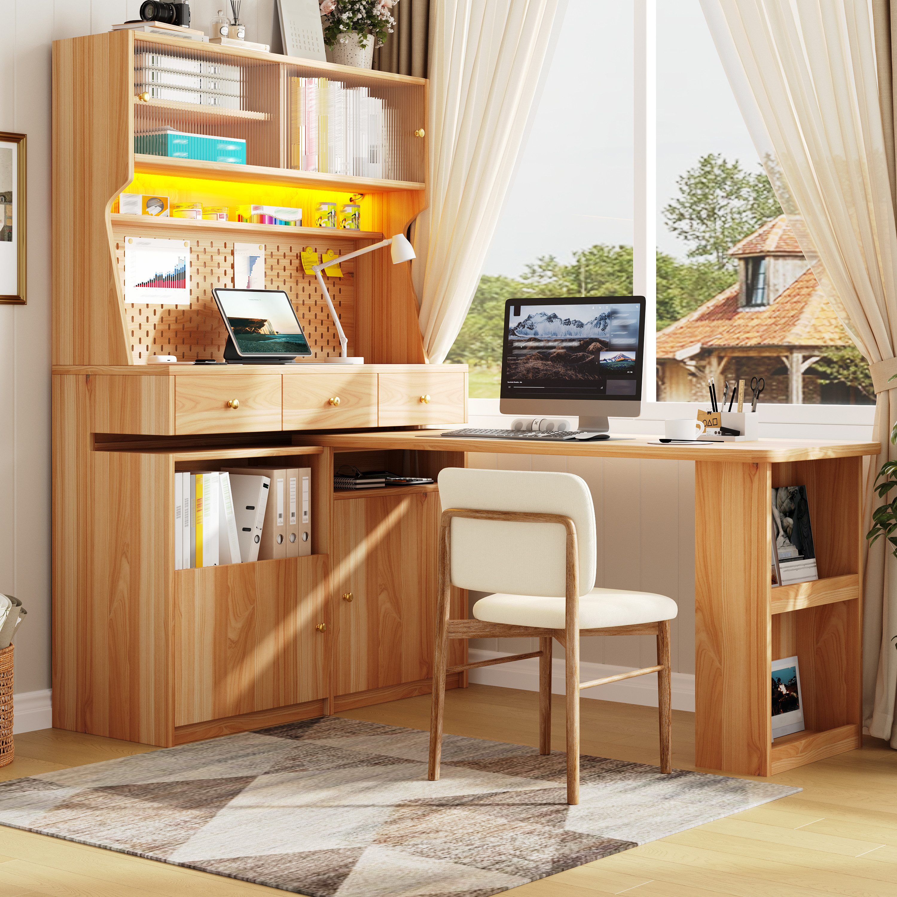 i@home Eckschreibtisch Hochschrank mit ausziehbarer Tischplatte, Schiebetüren (Küchenschrank, 2-St., mit 3 Schubladen und LED), Sideboard mit Stecktafel für Küche Esszimmer und Arbeitszimmer