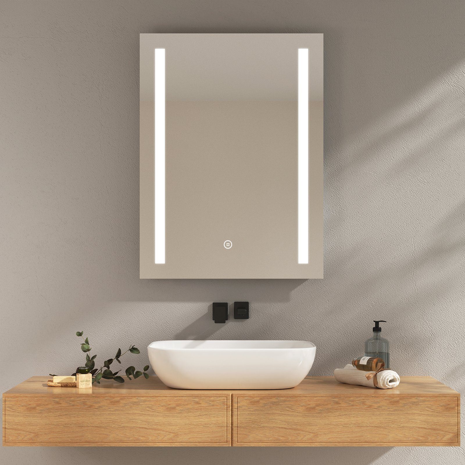 EMKE Badspiegel LED Wandspiegel mit Beleuchtung Modell 01 (Touch-schalter), mit Kaltweiß oder Warmweiß Beleuchtung und Beschlagfrei IP44