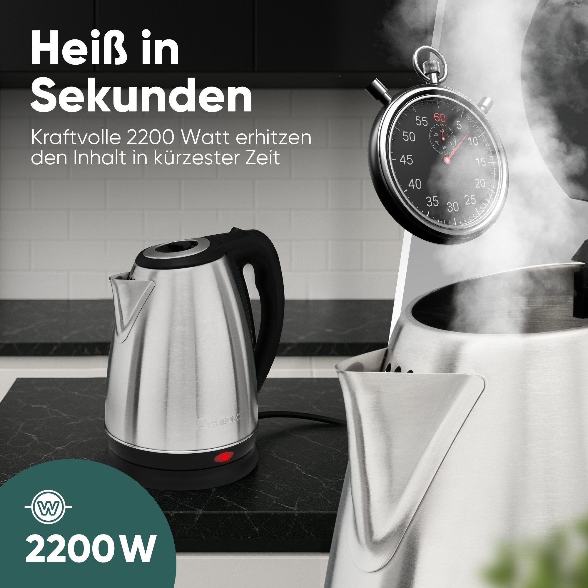 CLATRONIC Wasserkocher WKS 3830, Wasserkocher Edelstahl 1,7L, 2200W