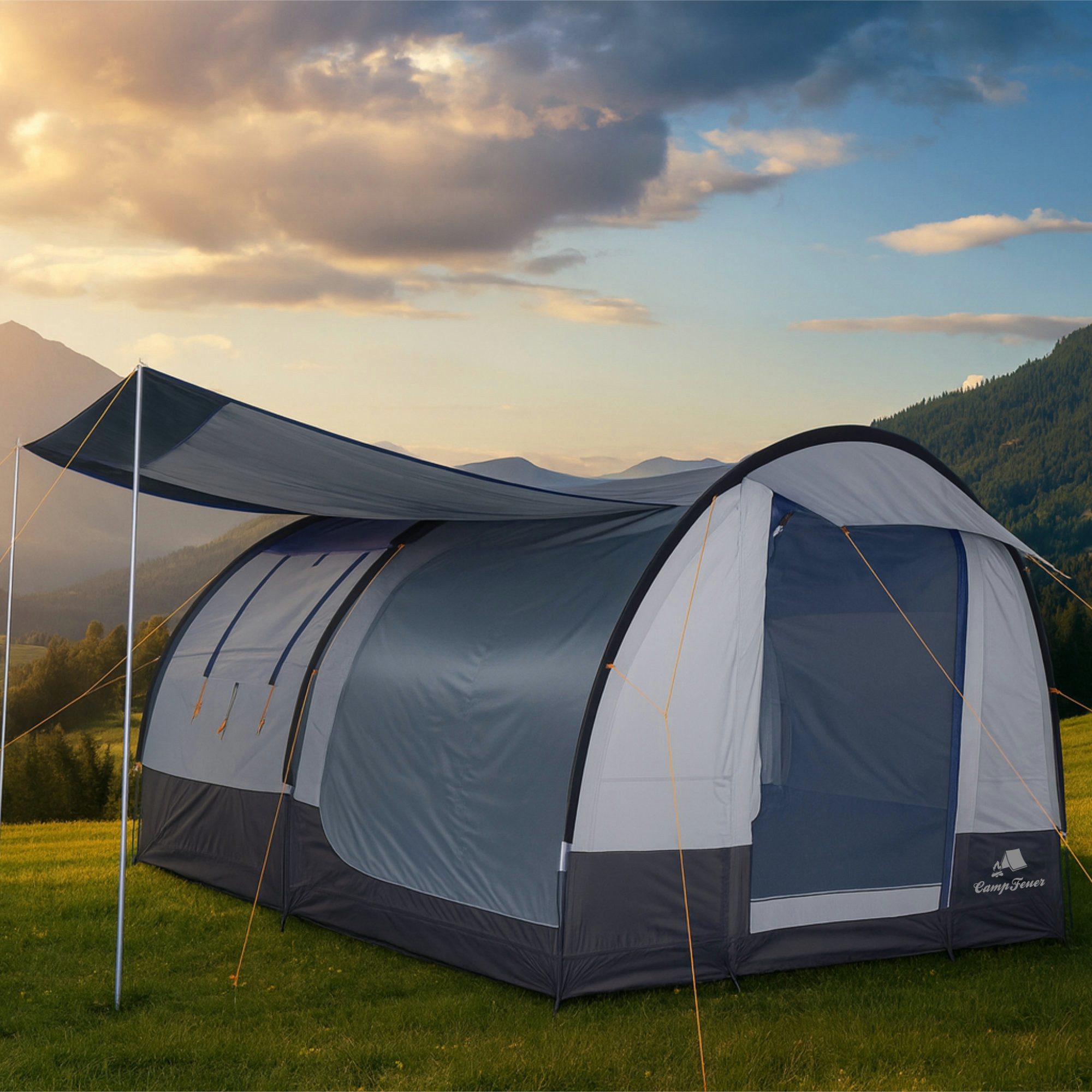 CampFeuer Tunnelzelt Zelt Smart für 4 Personen Blau/Grau, Tunnelzelt mit 3 Eingängen 2000 m, Personen: 4