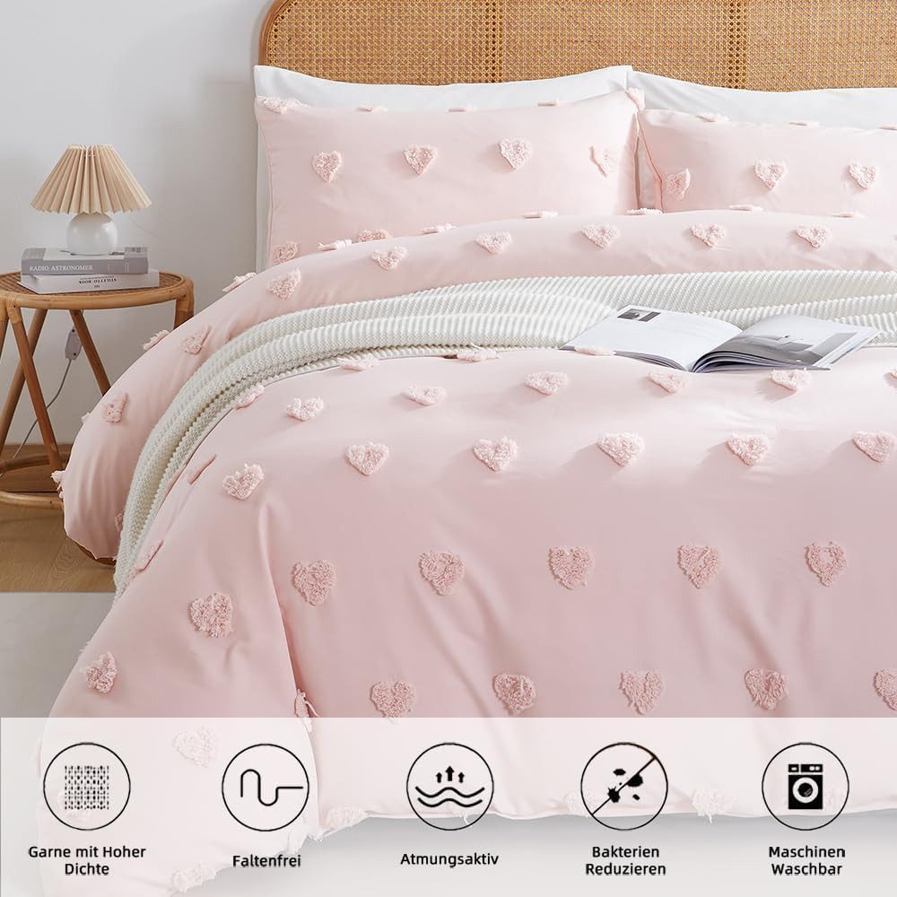 ibettertec Bettwäsche Böhmen Bettwäsche Getuftet Herz Boho Stickerei Shabby Chic 135x200cm, Microfaser Weiche Bettbezug mit Reißverschluss und Kissenbezug 80x80 – Bild 4 von 5