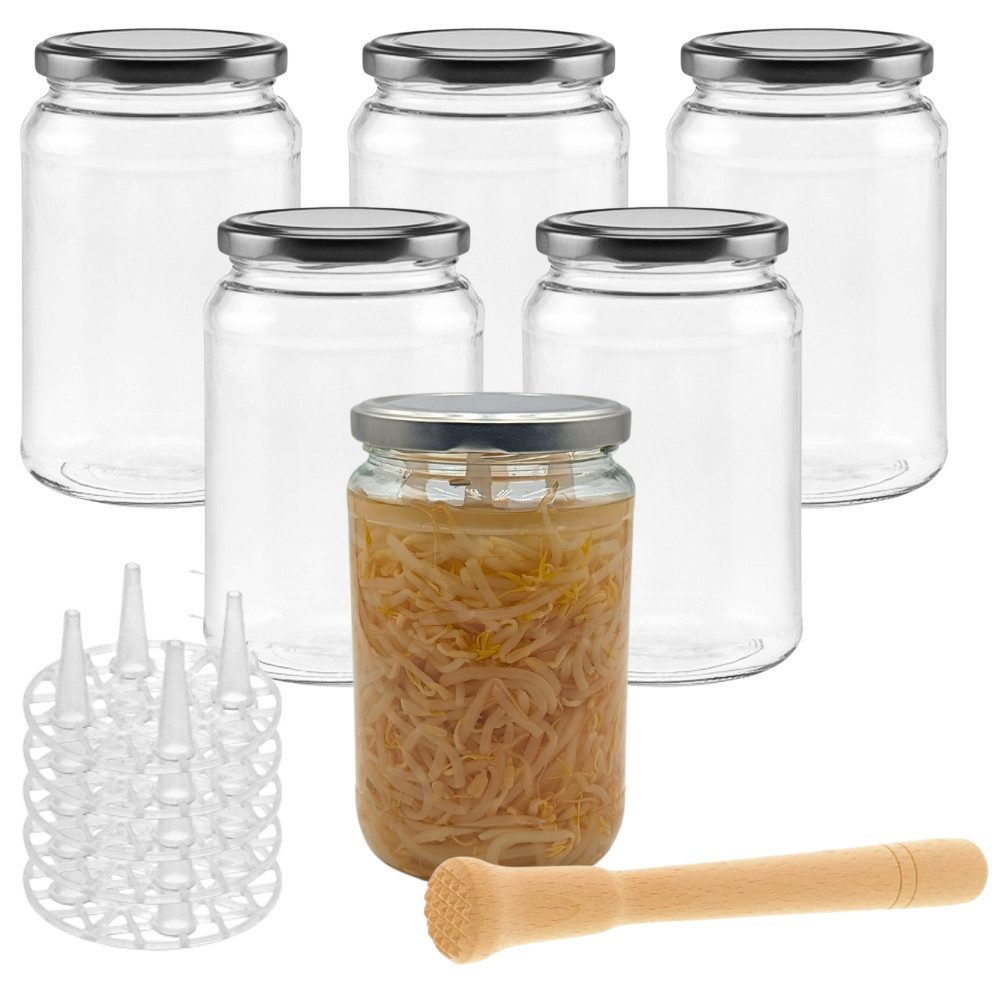 mikken Fermentationsglas Fermentier Set 6 Fermentiergläser 850 ml mit Fermentier Gitter, (6er Set, Start-Set zum Fermentieren mit 6 Gläsern), Made in EU