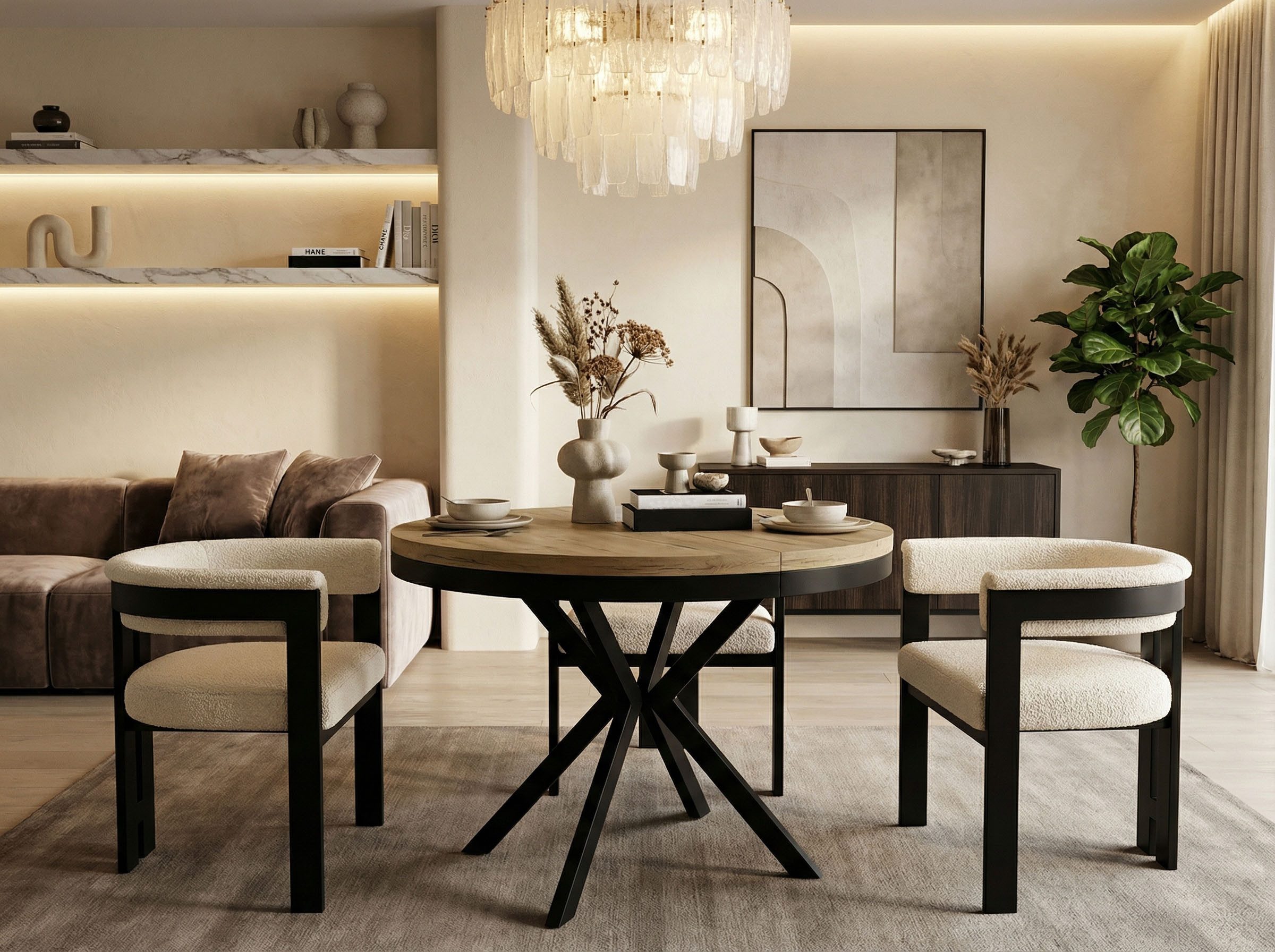 WFL GROUP Esstisch Ross ausziehbar rund industrial mit schwarzen Metallbeinen (MADE IN EU, erhältlich in 3 Größen – 90/100/120 cm ausziehbar auf 170/180/200 cm), platzsparender Tisch in Holzoptik für Küche, Esszimmer oder Wohnzimmer