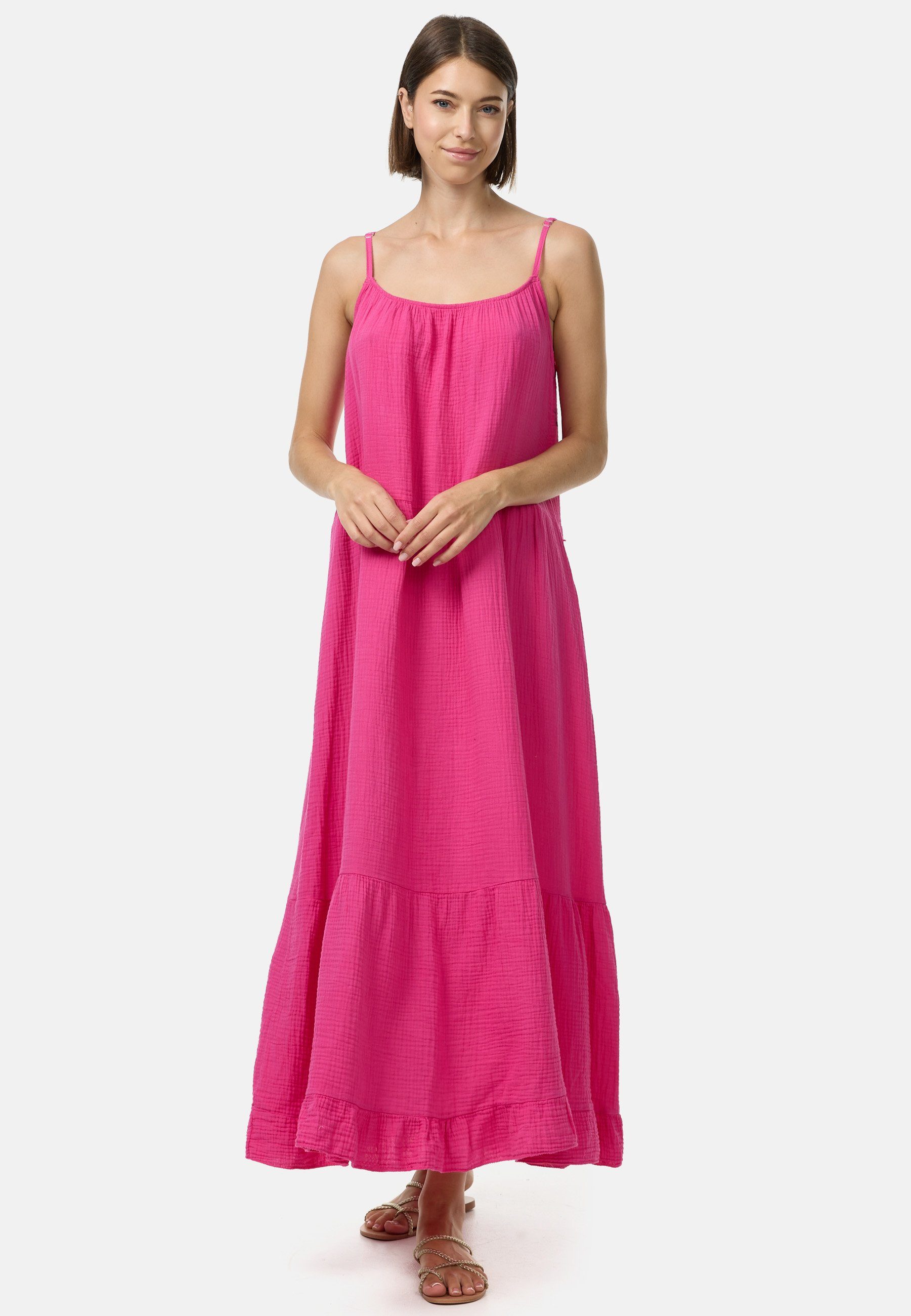 Atmungsaktiv, PM mit Pink mit Rüschen, SELECTED Musselin Maxikleid (Romantisches Hautfreundlich PM48 Spaghettiträgern) Maxikleid aus