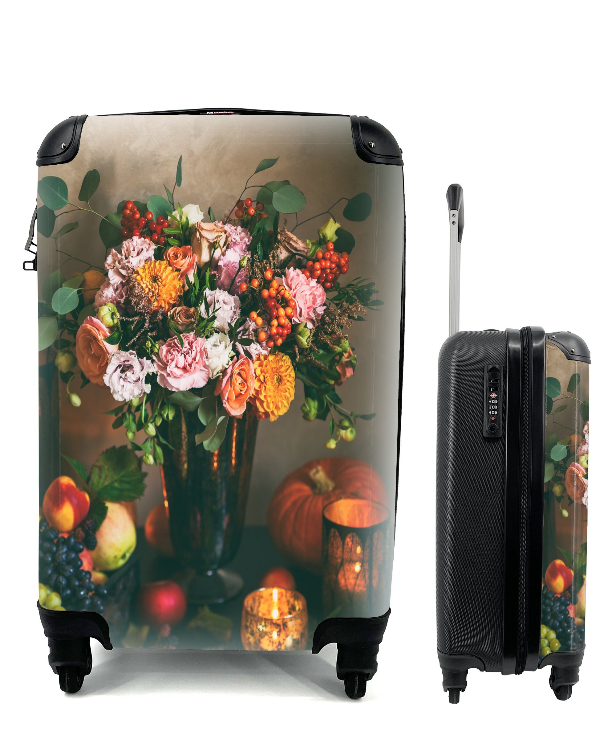 MuchoWow Handgepäckkoffer Vintage - Blumen - Kerzen, 4 Rollen, Reisetasche mit rollen, Handgepäck für Ferien, Trolley, Reisekoffer