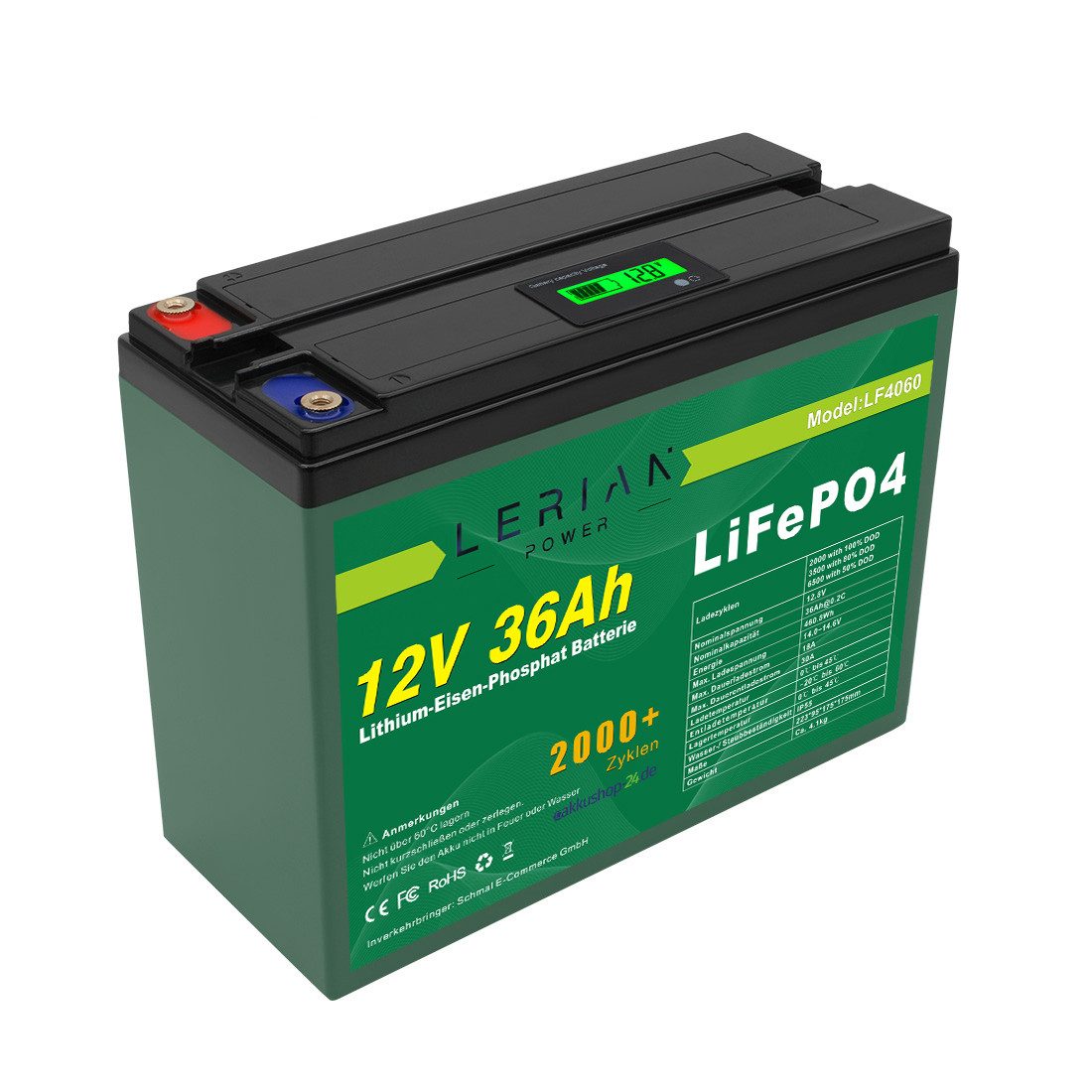 LERIAN POWER LiFePO4 Akku 12V 36Ah 30A LFP Batterie für Camping Boot Solar Akku