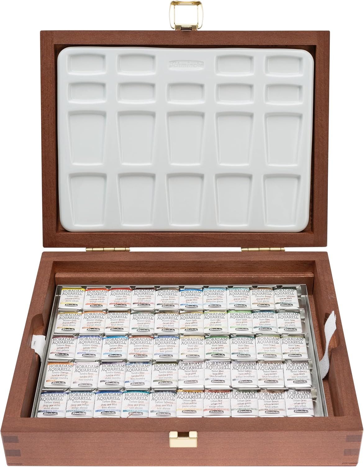 Schmincke Aquarellfarbe Horadam Aquarell Holzmalkasten mit 50 halben Näpfchen