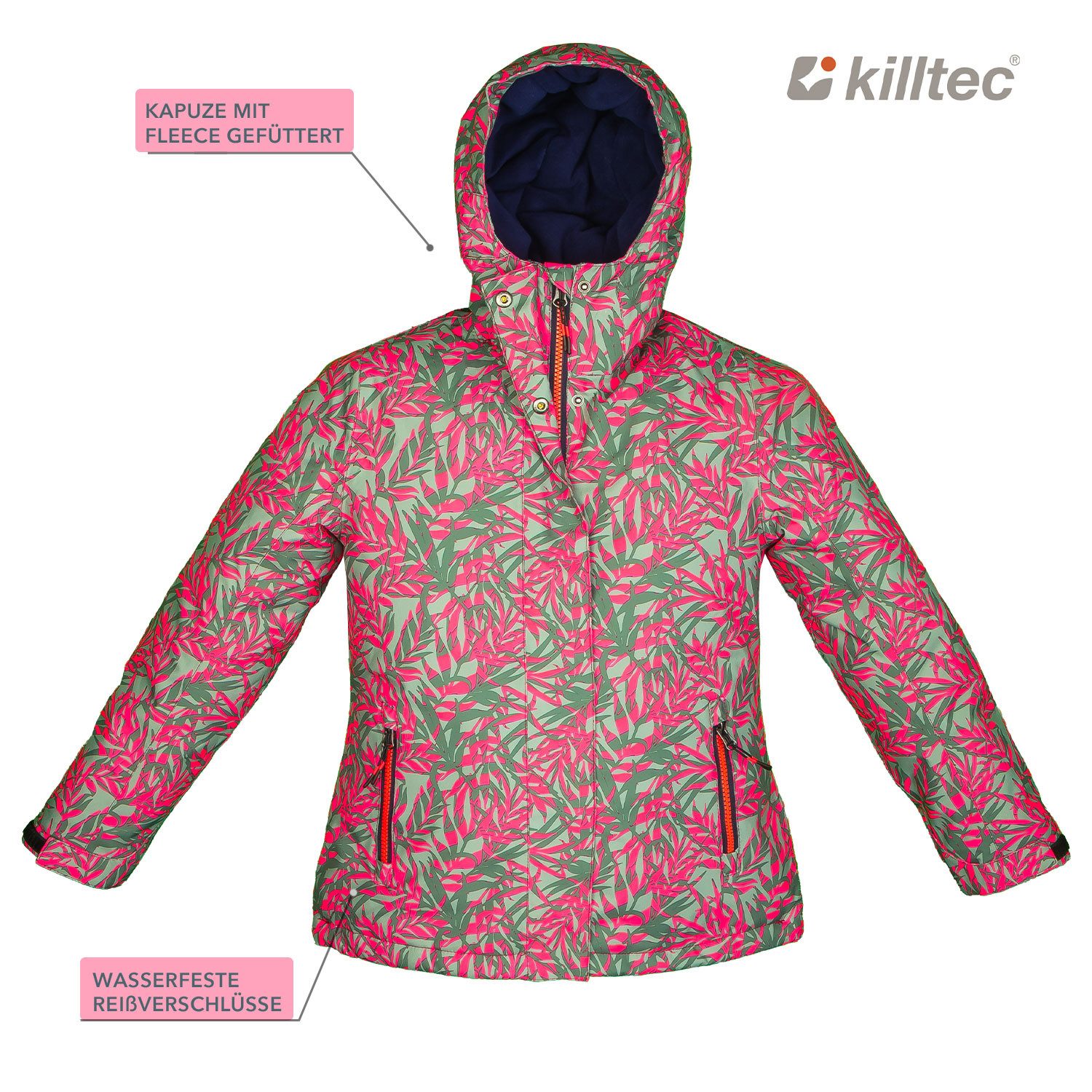 Killtec Skianzug Mädchen Skijacke hellgrün pink gemustert + Skihose hellgrün, verschweißte Nähte