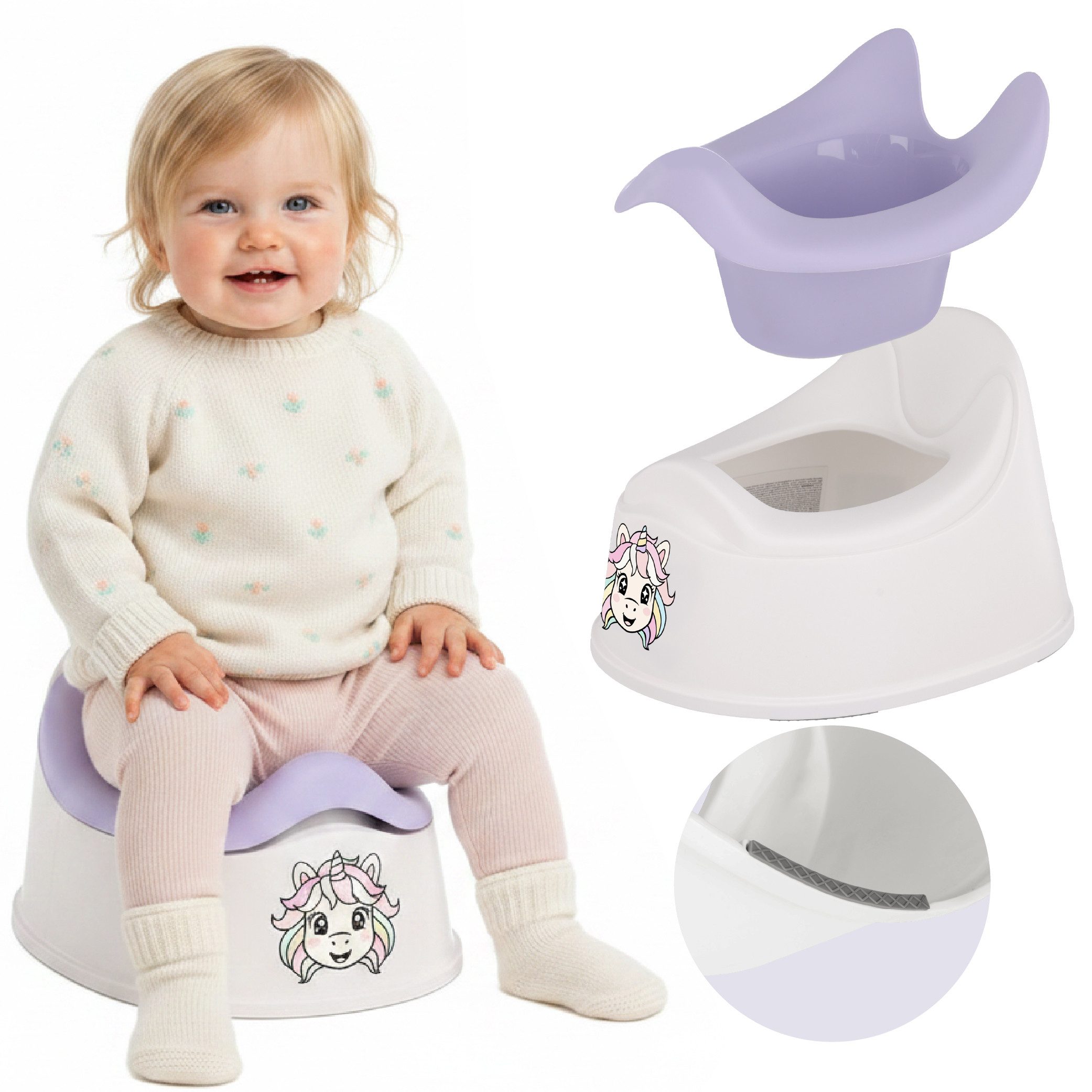 Sun Baby Töpfchen Kindertopf rutschfest mit Rückenlehne lila-weiß Einhorn-Aufkleber
