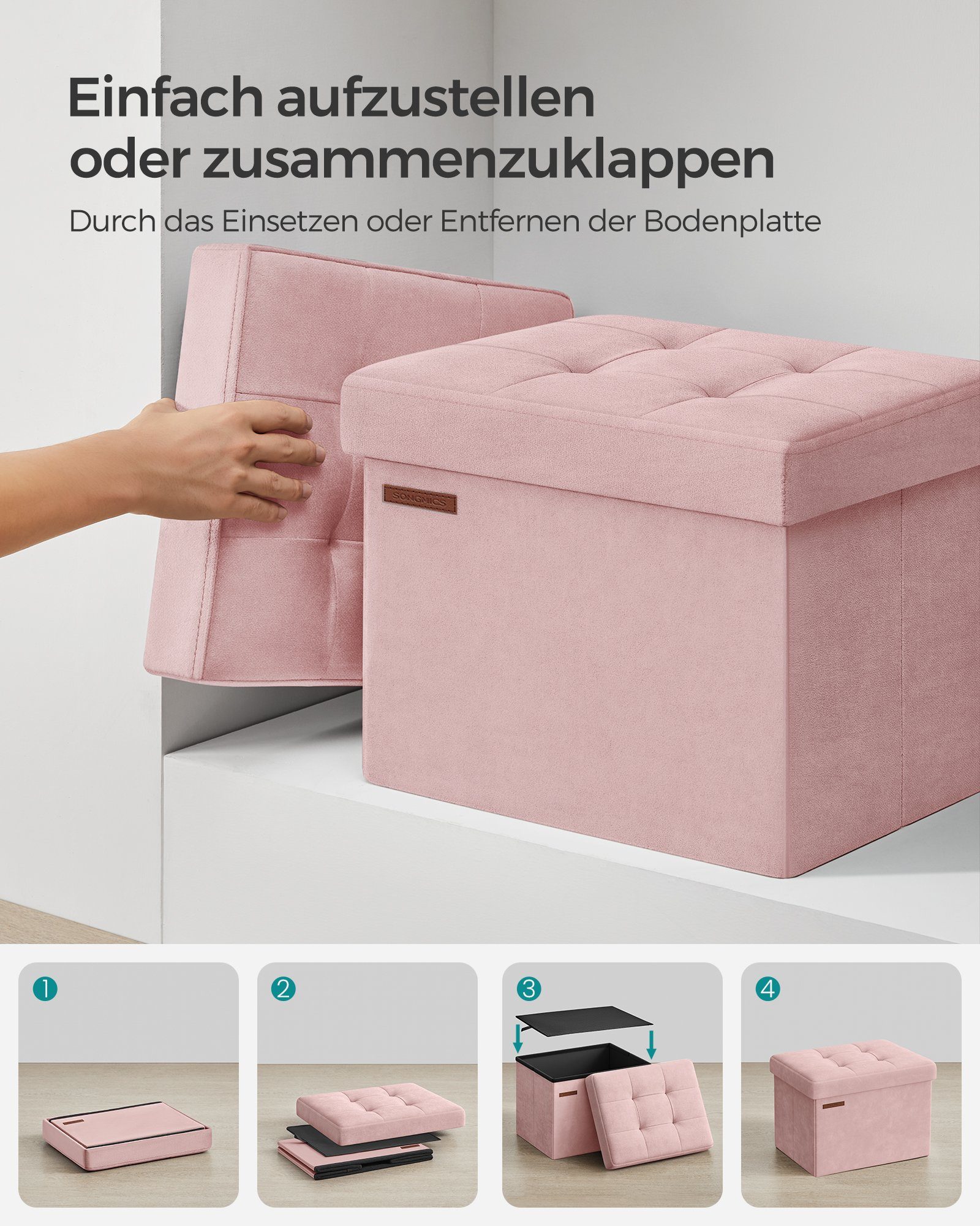 Sitzhocker, belastbar 130 SONGMICS mit Pastellrosa Deckel, Aufbewahrungsbox kg bis