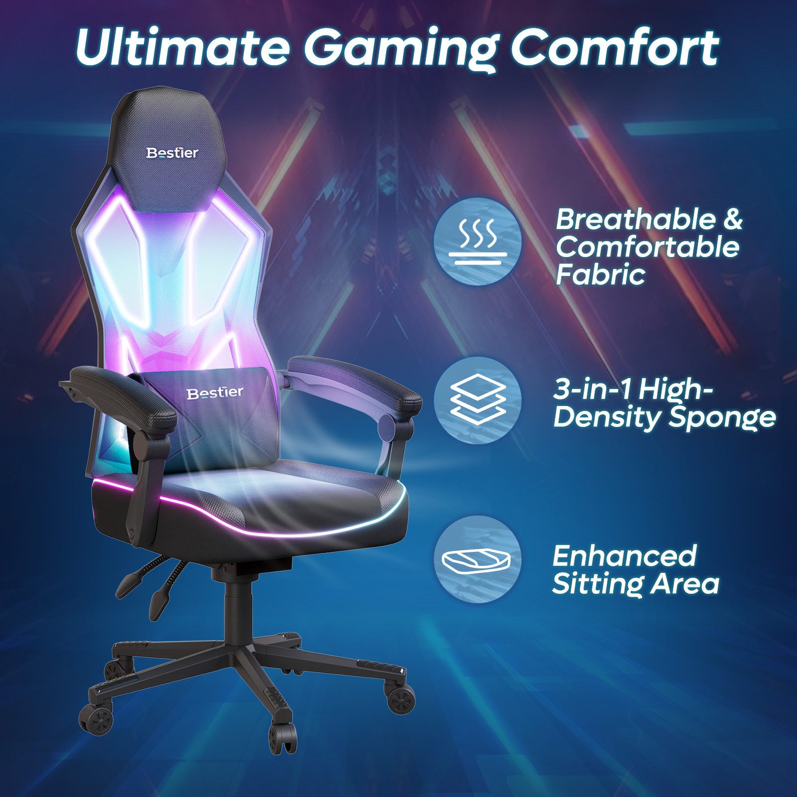 Bestier Gaming-Stuhl Gaming-Stuhl mit LED-Lichtleiste und verstellbarer Lendenwirbelstütze. – Bild 4 von 5