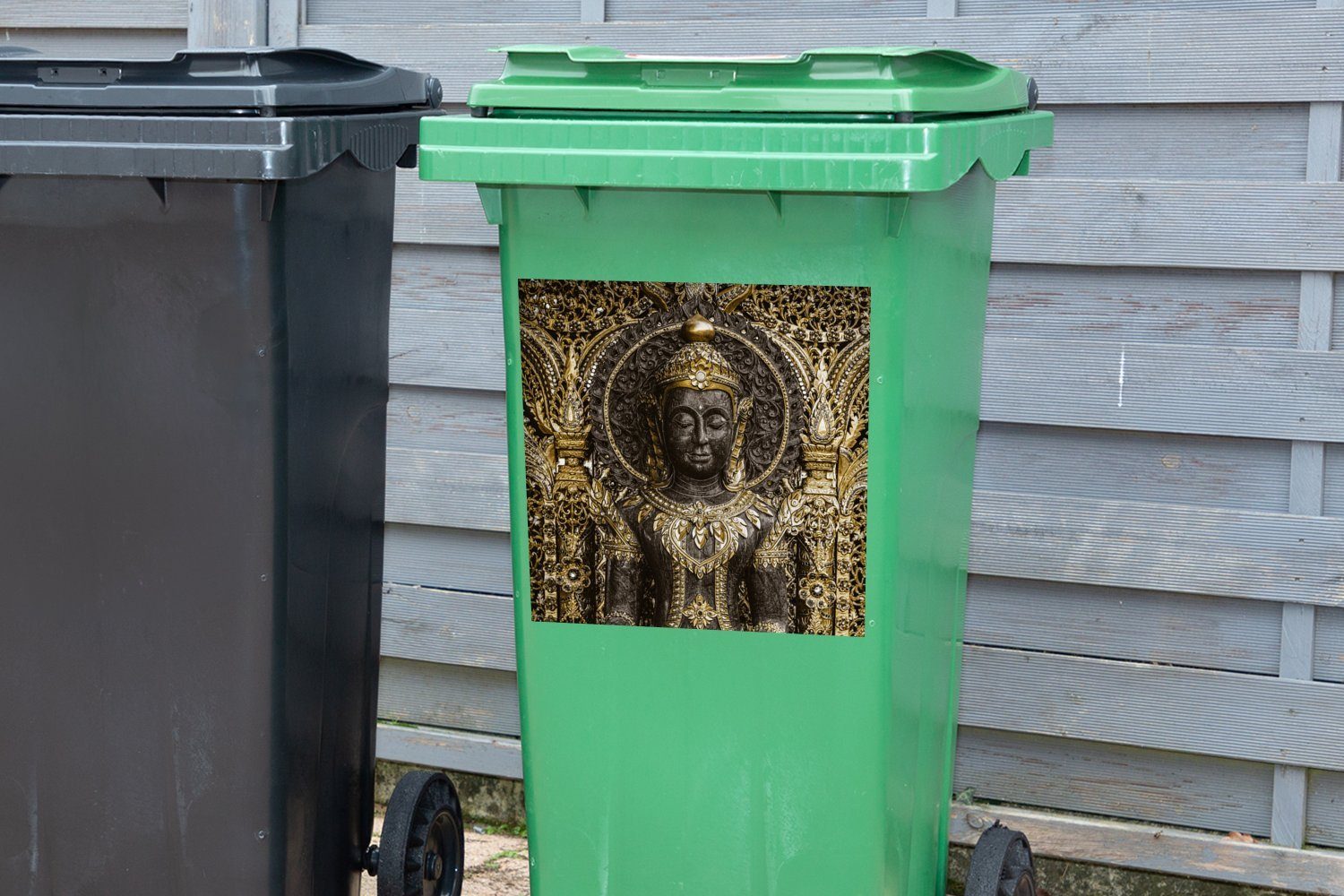 MuchoWow St), Mülltonne, Buddha - Container, Bild (1 Sticker, - Mülleimer-aufkleber, Wandsticker Gold Abfalbehälter