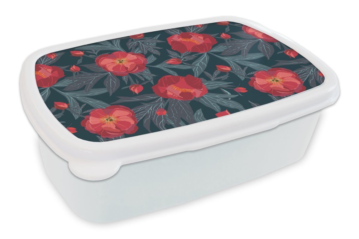 MuchoWow Lunchbox Blumen - Rot - Blätter - Muster, Kunststoff, (2-tlg), Brotbox für Kinder und Erwachsene, Brotdose, für Jungs und Mädchen weiß