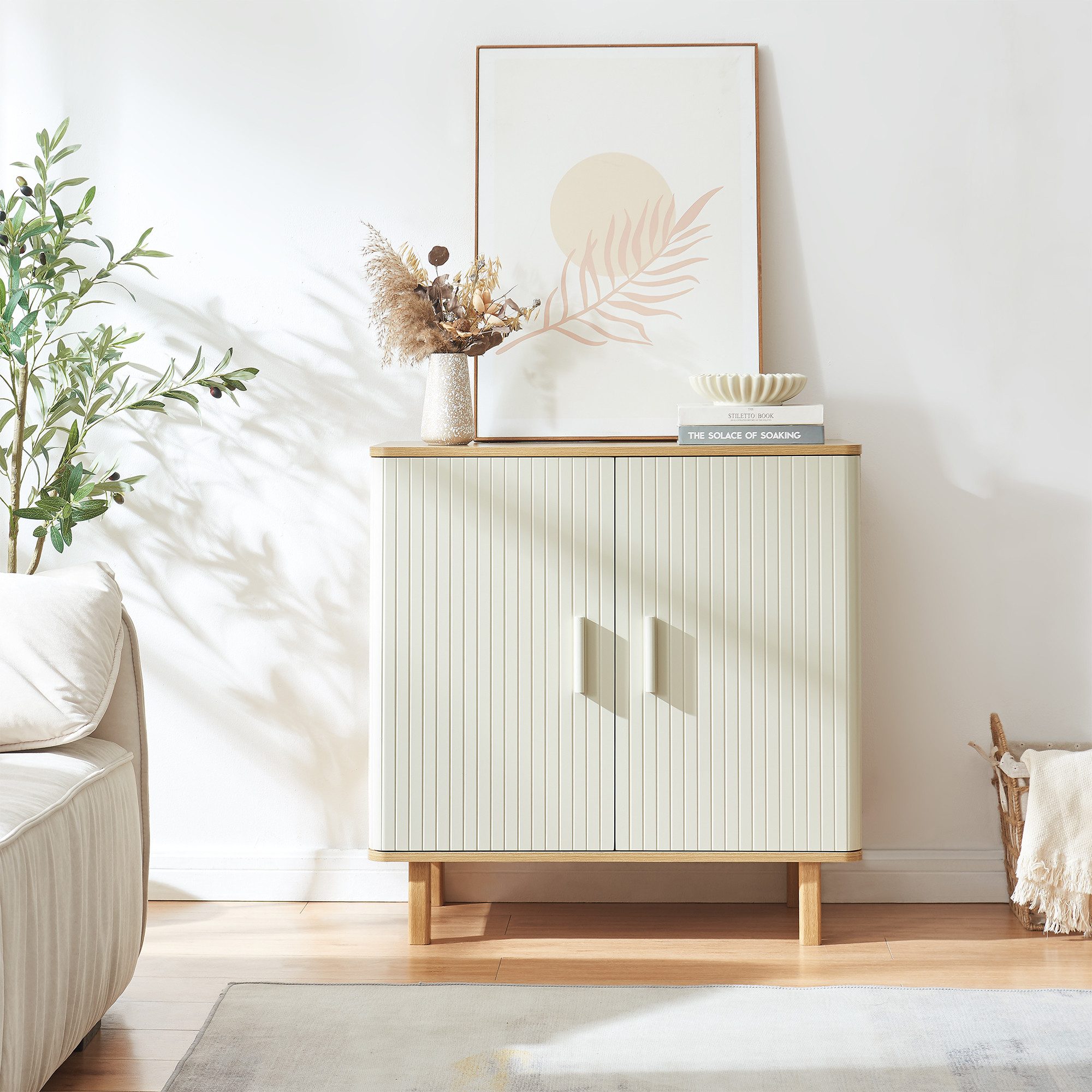 en.casa Sideboard, »Ferrersp« mit 2 Türen 80x80x40 cm Eicheoptik/Sandfarben