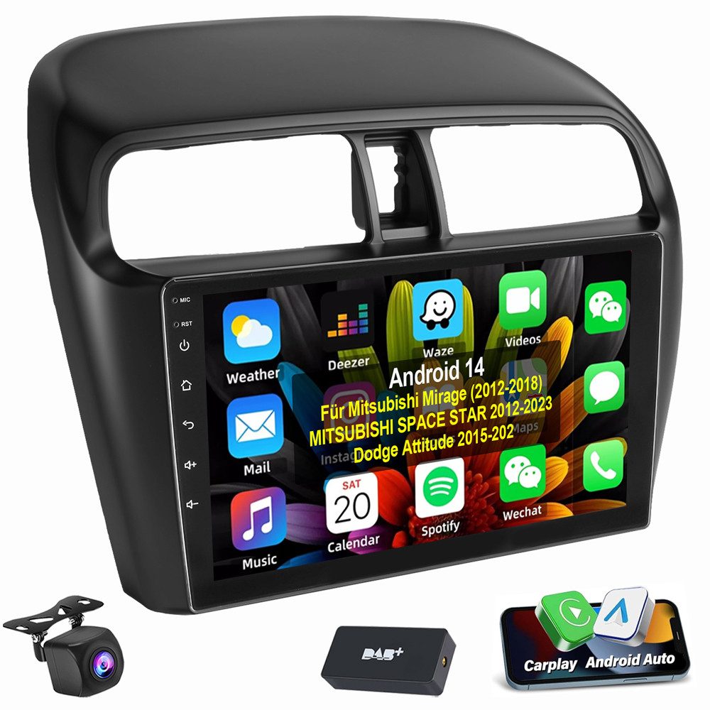ESSGOO Für Mitsubishi Mirage Space Star Dodge Attitude Autoradio Autoradio (RDS, Digitalradio (DAB), FM, AM, Apple Carplay Android Auto GPS Navi WIFI BT)