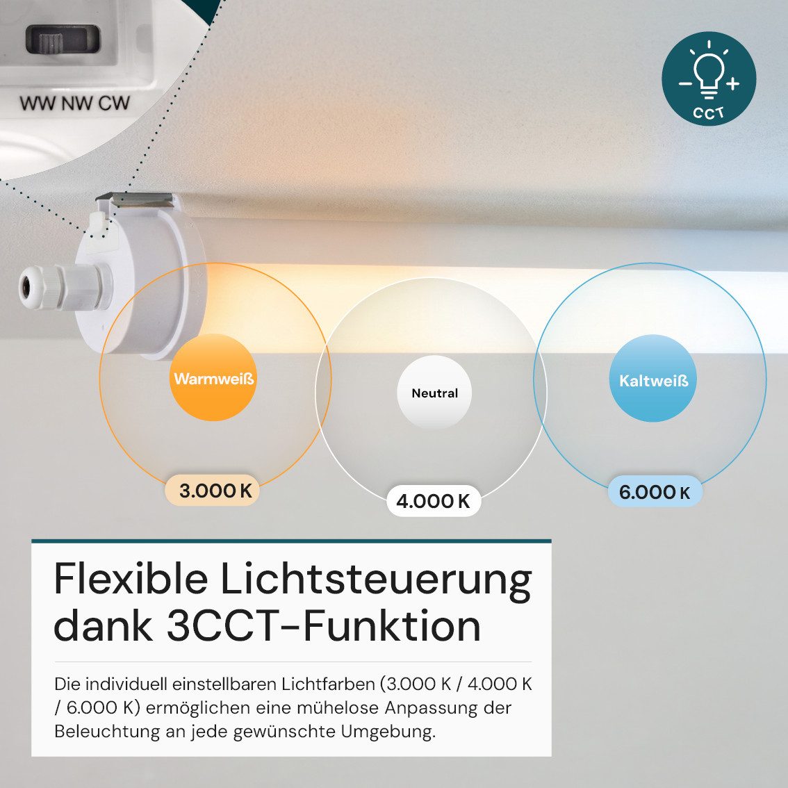 LUXULA LED Unterbauleuchte LUXULA LED Feuchtraumleuchte 124 cm 40 W CCT einstellbar Weiß, Farbwechsler