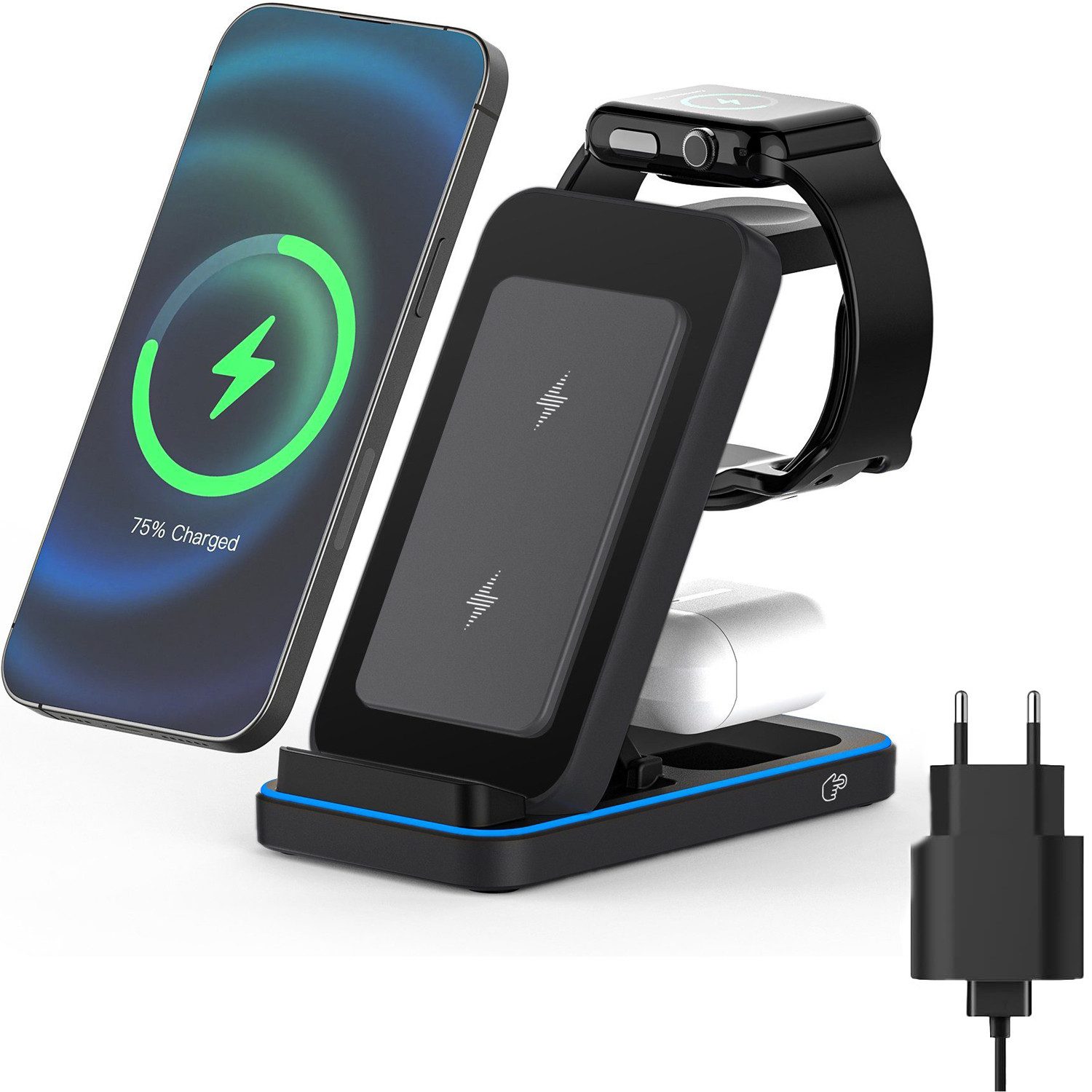 SURFOU Kabelloses Ladestation 3 in 1 Induktive Ladegerät Wireless Charger (Ultra Handy Charging Station mit USB Kabel)