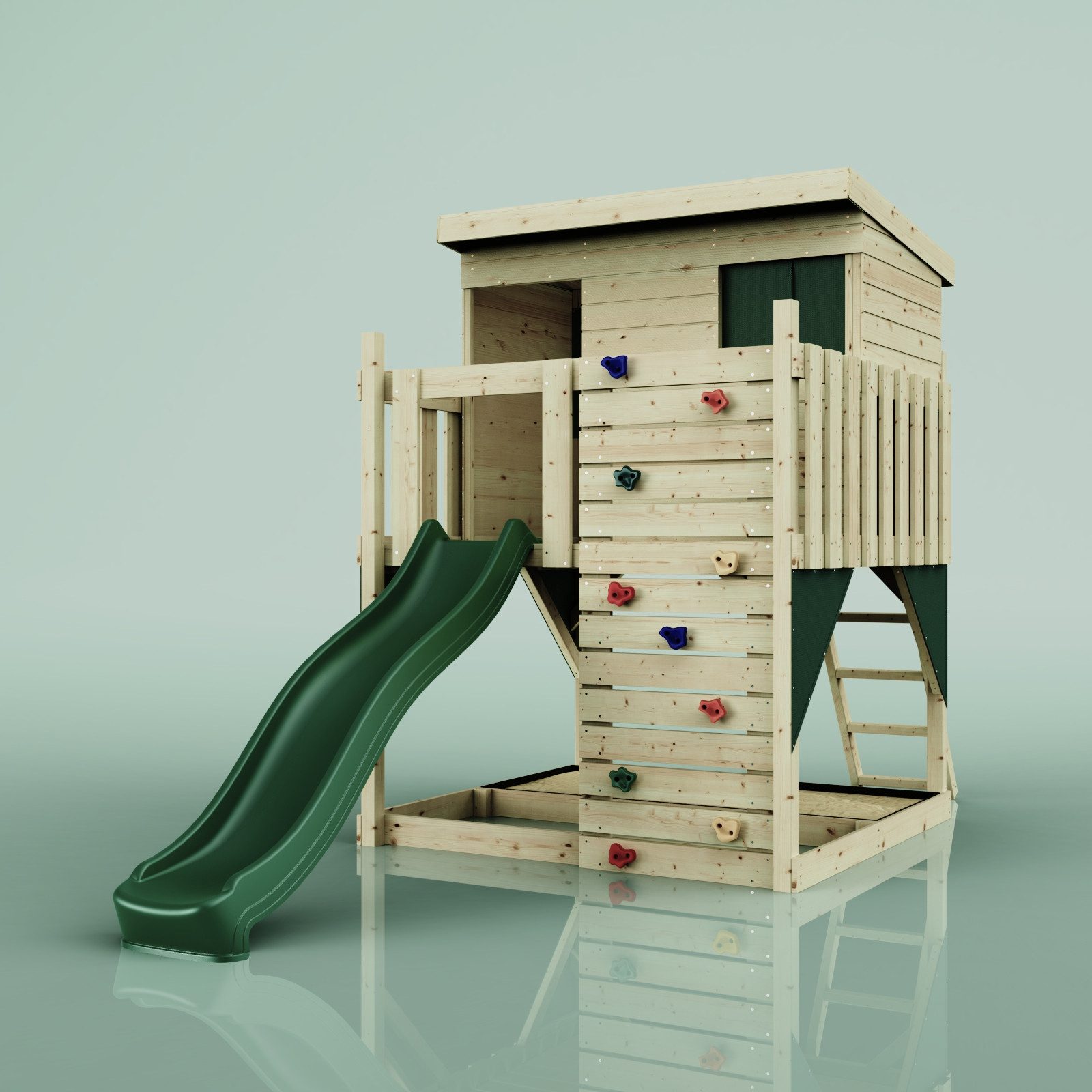 OutdoorToys Spielturm Stelzenhaus Polarstern, aus Holz in Dunkelgrün mit Rutsche, Kletterwand