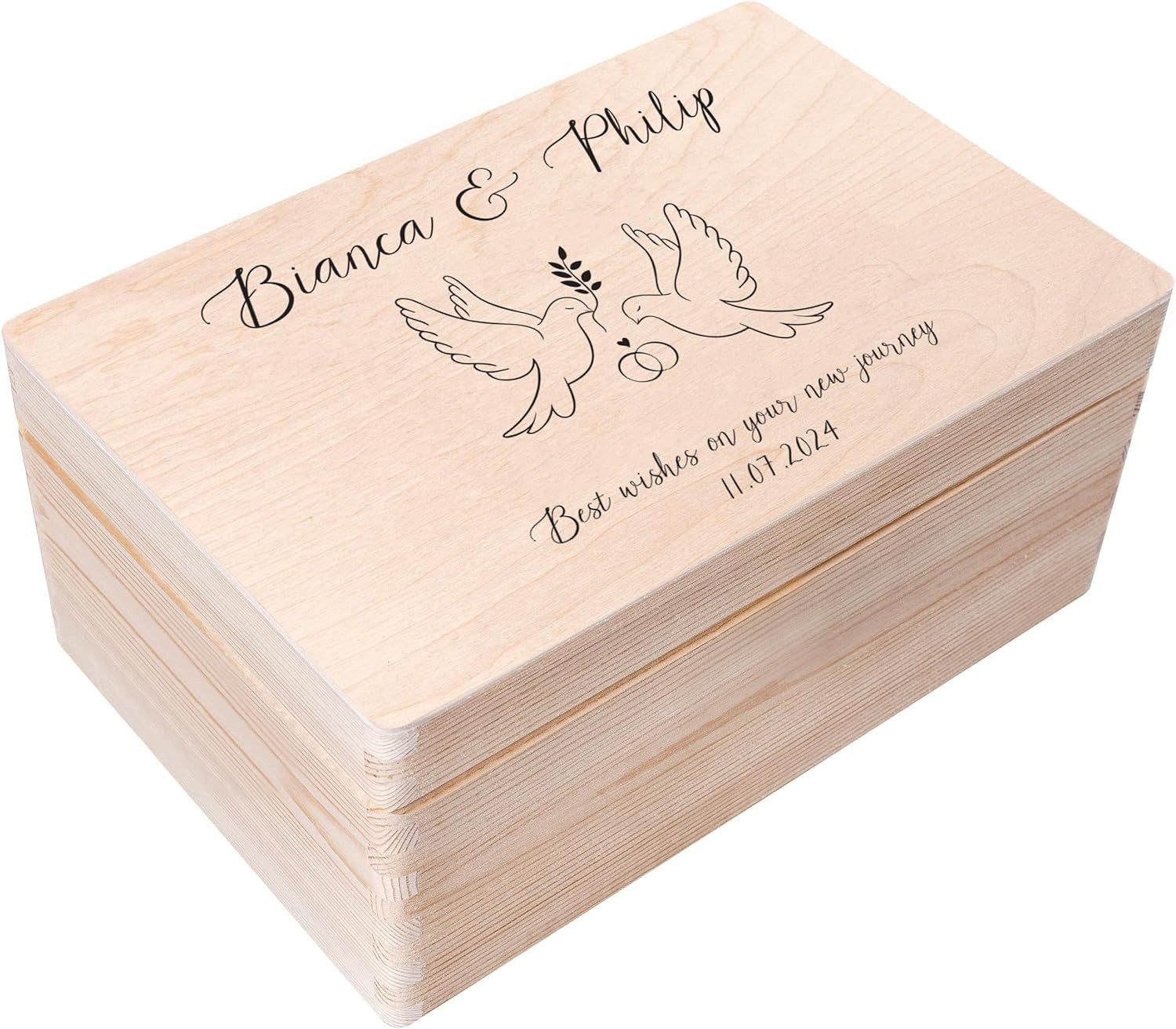 Holzkiste Geschenk zur Hochzeit, Erinnerungsbox Natur 30 x 20 x 14 cm