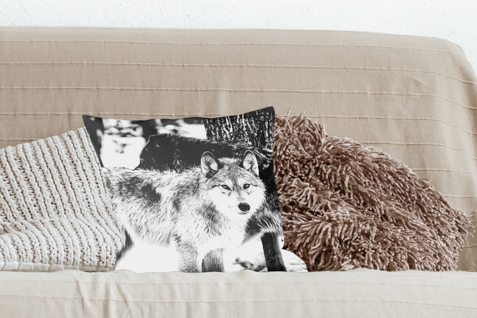Schwarz Deko, von Zierkissen Weiß, und Schlafzimmer, Füllung Gruppe Sofakissen MuchoWow in für Wohzimmer, Dekokissen mit Wölfen
