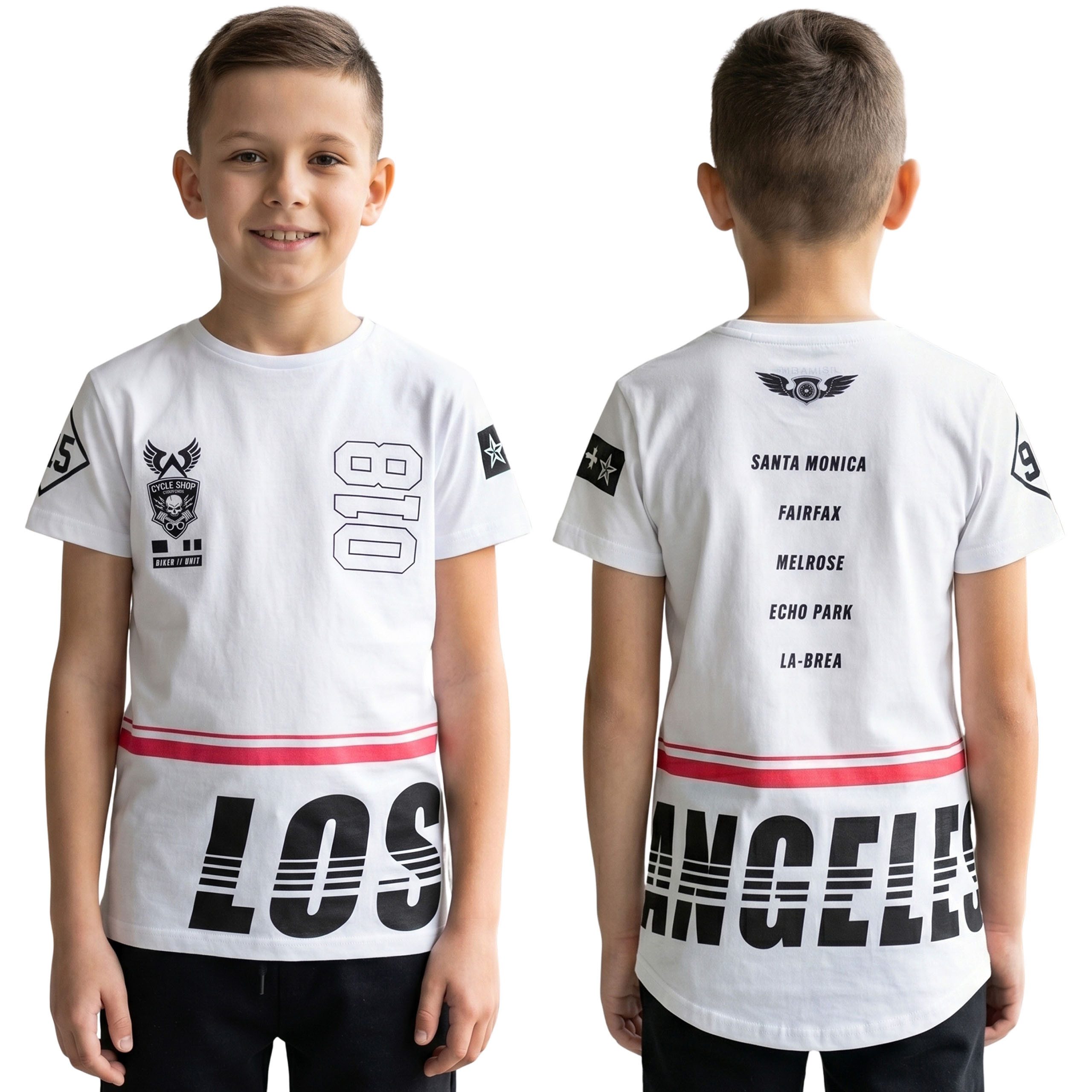 Kurzarmbluse Los Angeles weißes T-Shirt für Jungen, 100 % Baumwolle