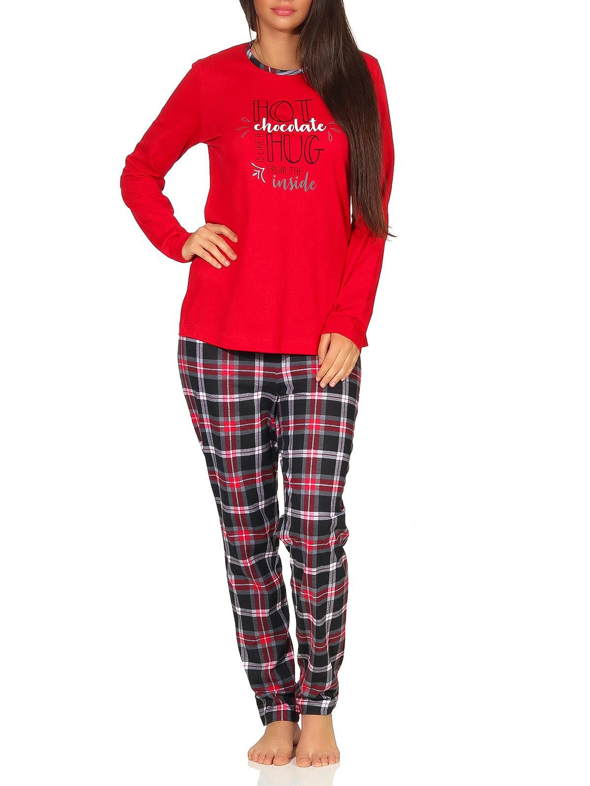 Pyjama Damen Pyjama lang mit Karohose und Frontprint - auch in Übergrößen