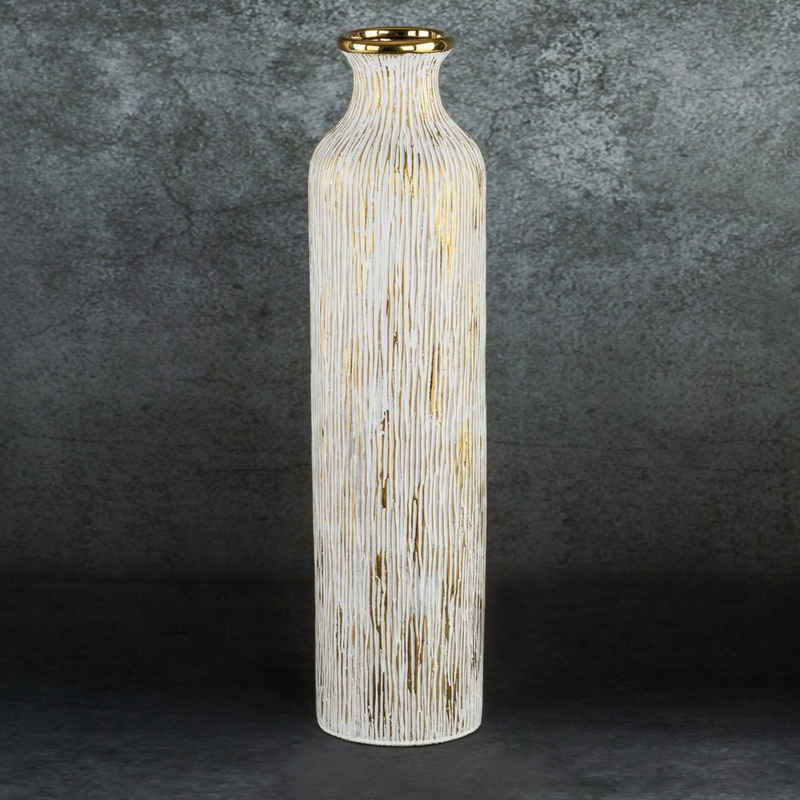 Eurofirany Dekovase ANISA-Keramikvase, abgenutztes Weiß und Gold, Blumenvase, Größe 12x50 cm oder 11x23 cm oder 12x33 cm