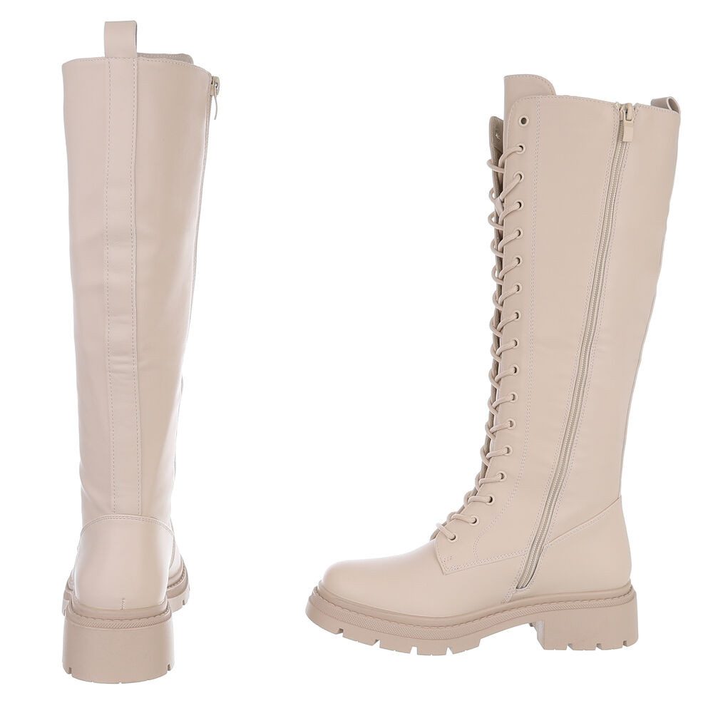 Ital-Design Langer Schnürstiefel für Damen – Komfortabel und stilvoll Plateaustiefel (90109840) Blockabsatz Stiefel in Beige
