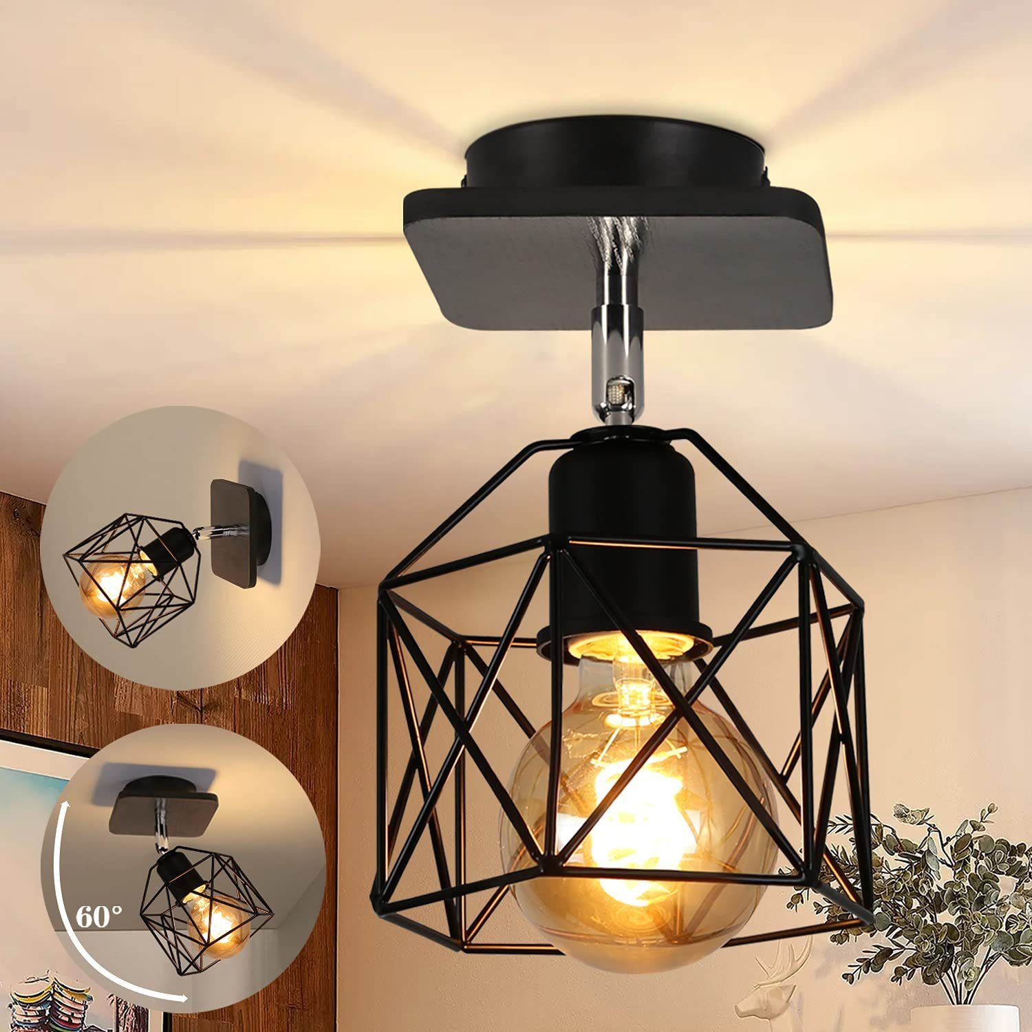 ZMH Deckenleuchte Vintage E27 Retro Deckenlampe aus Metall in Schwarz, LED wechselbar, Deckenlampe