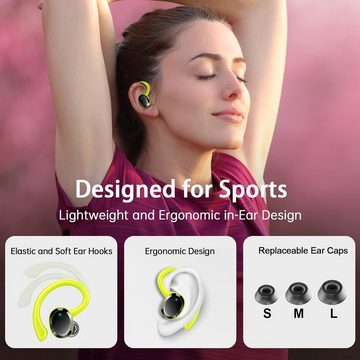 Rulefiss Kabellos Bluetooth 5.3 HiFi Stereo[2023]13 mm Treiber USB-C LEDLadebox In-Ear-Kopfhörer (Rauschunterdrückung isoliert 35% Umgebungsgeräusche für klare Anrufe und Musik., mit HD Mic, 48Std Ohrhörer mit Bügel, IP7 Wasserdicht/800mAh)