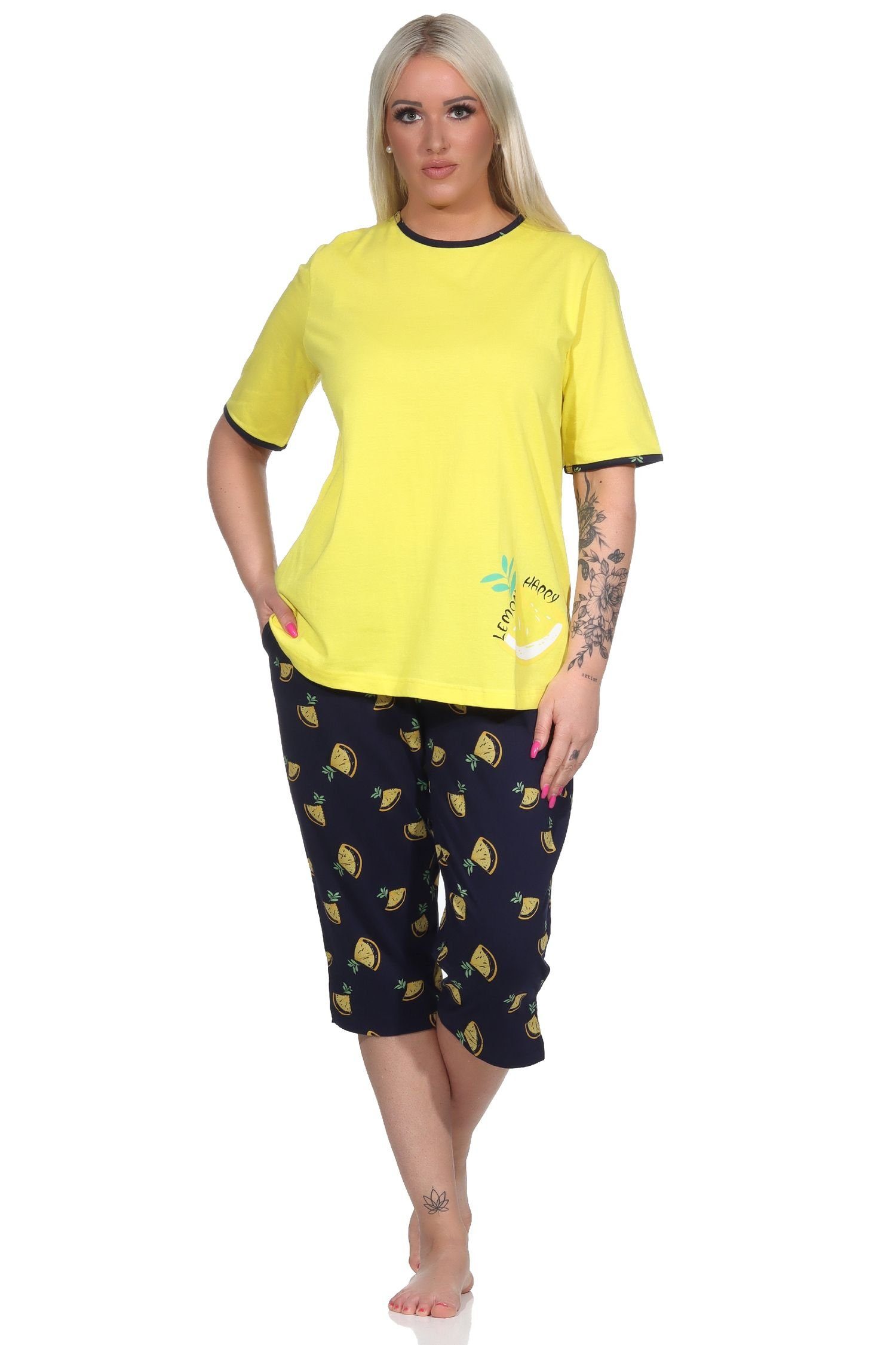 Normann Pyjama Süsser Damen kurzarm Capri Schlafanzug mit Zitronen als Motiv gelb