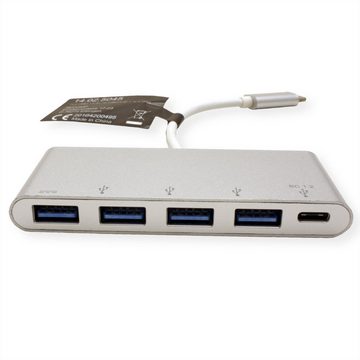 ROLINE USB 3.2 Gen 1 Hub, 4fach, Typ C Anschlusskabel, mit 1 PD-Port Computer-Adapter, 10.0 cm