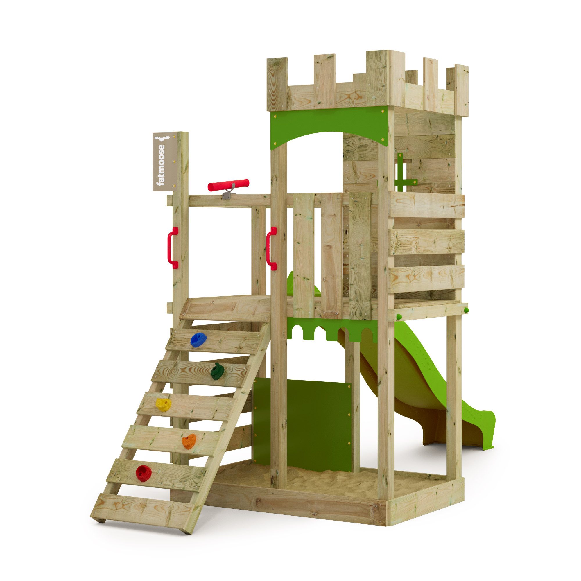 FATMOOSE Klettergerüst BoldBaron Boost – Ritterburg mit Wellenrutsche & Kletterwand, (Abenteuer-Spielturm - kreativer Outdoor-Spielspaß, mit Zinnendach, Sandkasten & Kletterleiter), langlebig & sicher - 10 Jahre Garantie*