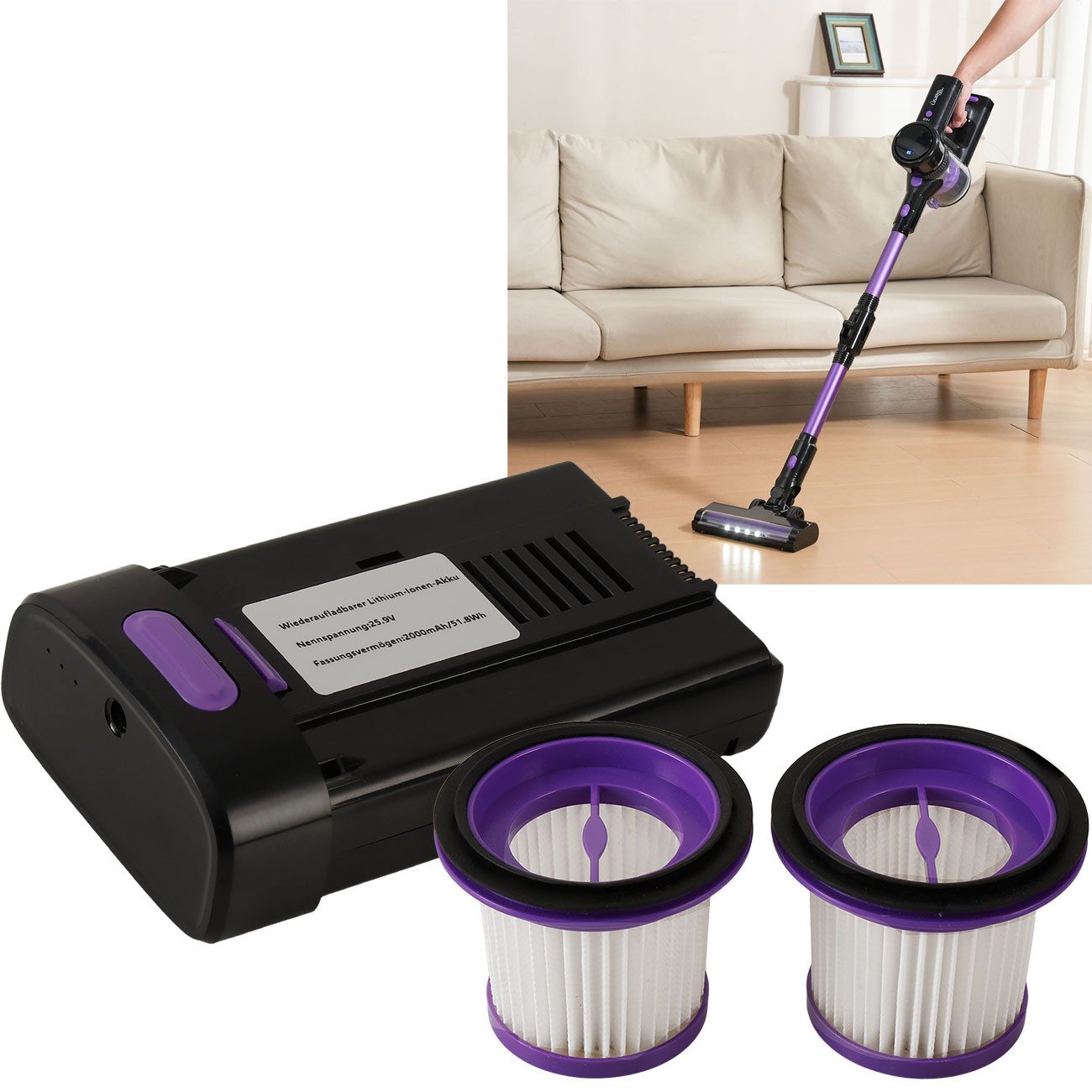 Casativo HEPA-Filter 2er-Set & Ersatzakku für Zyklon Staubsauger CH8303, 25,9 V/2000 mAh, Zubehör für Zyklon Staubsauger CH8303, 25,9 V/2000 mAh
