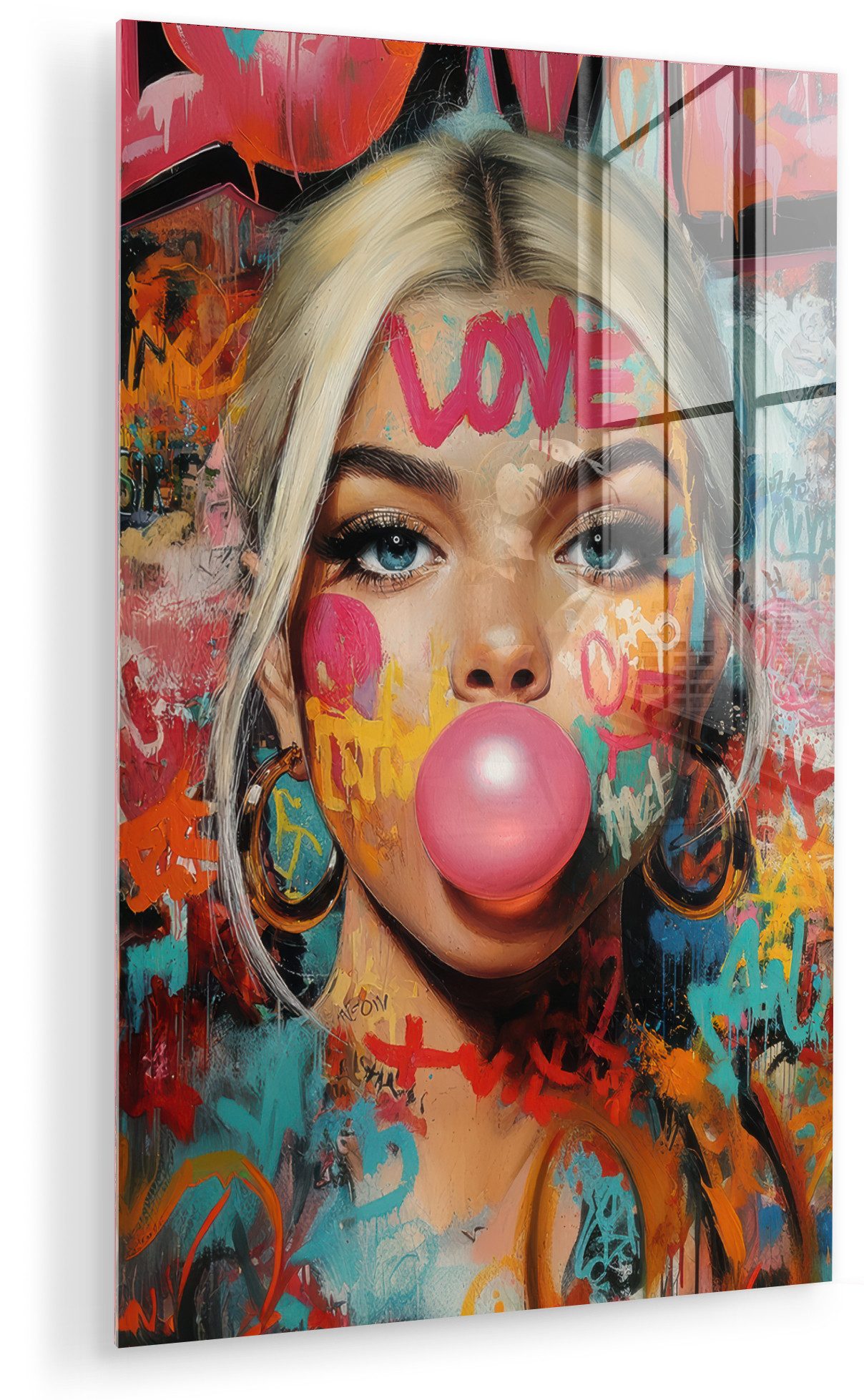 MuchoWow Acrylglasbild Frau - Kaugummi - Graffiti - Liebe, Inkl. Aufhängung, Dekorative Bild für Küche & Wohnzimmer auf Glas, 20x30 cm