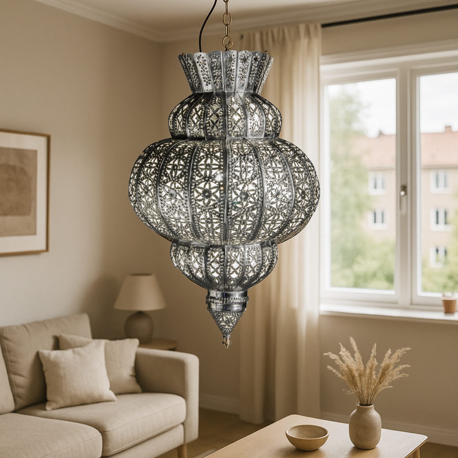 Marrakesch Orient & Mediterran Interior Pendelleuchte Orientalische Pendelleuchte Harem Silber 45cm, Lampe für Wohnzimmer, Handarbeit