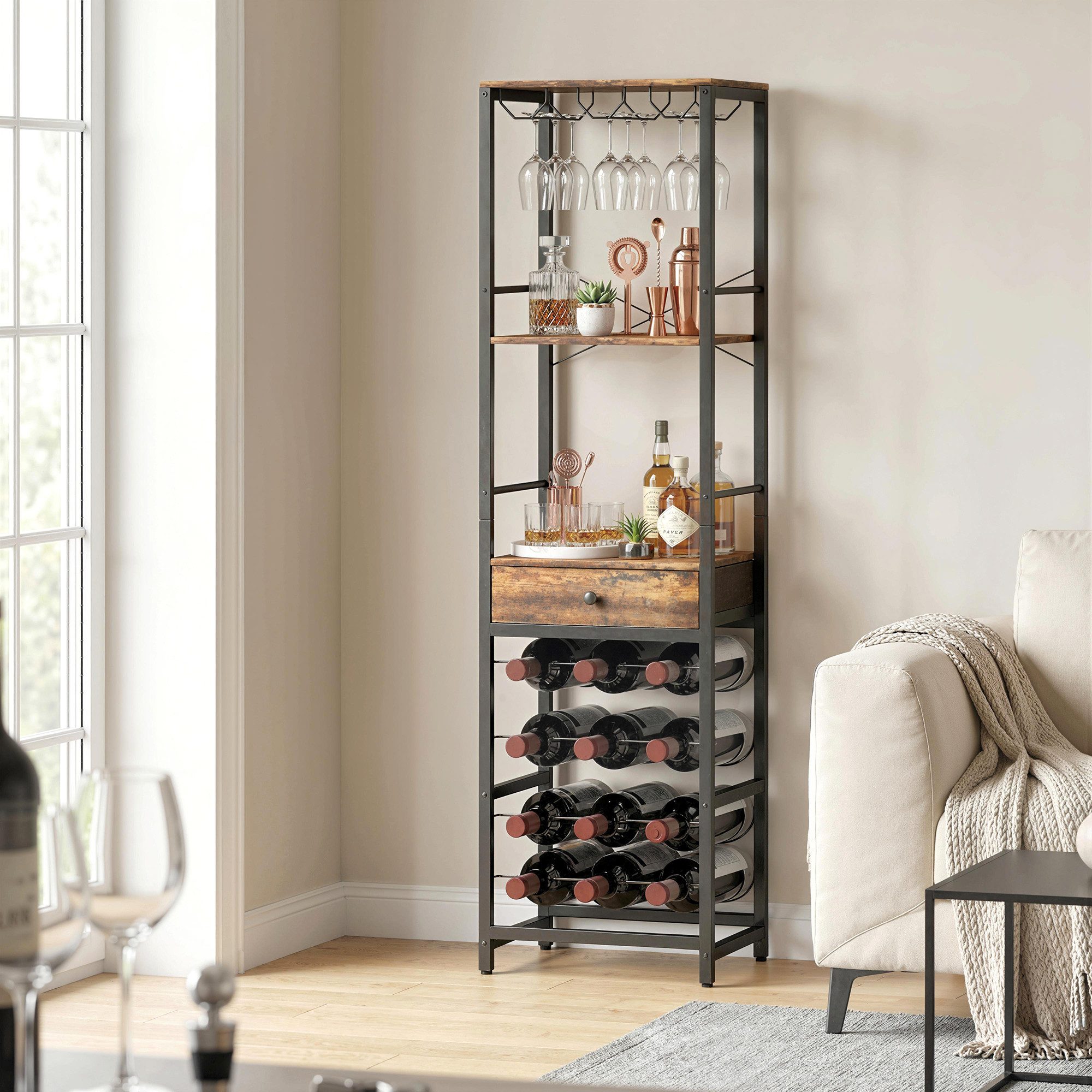 HOMCOM Weinregal Flaschenregal mit Glashalter Stand für Küche Rustikal Braun, Weinhalter 1-tlg., Platz für 12 Flaschen, 9 Gläser, Schublade, Regal, Bar